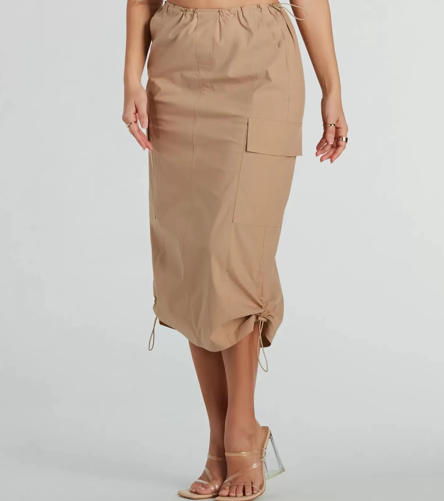 Windsor She's A Trendsetter Nylon Parachute Midi Skirt KHAKI Best