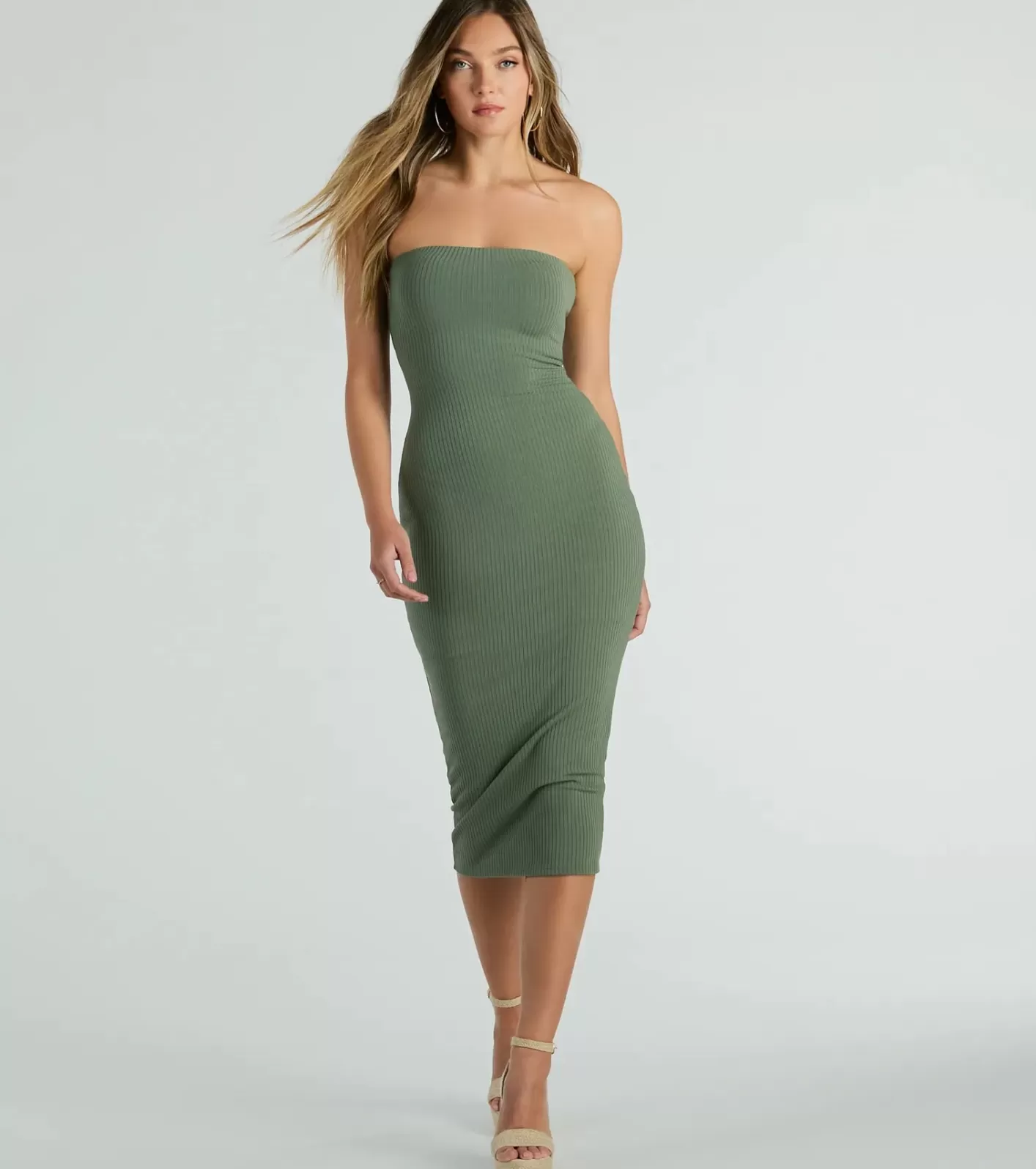 Windsor She's The Main Rib Knit Strapless Midi Dress SAGE New