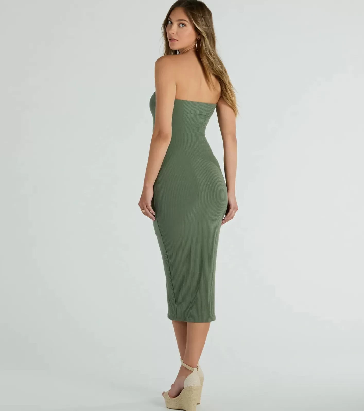 Windsor She's The Main Rib Knit Strapless Midi Dress SAGE New