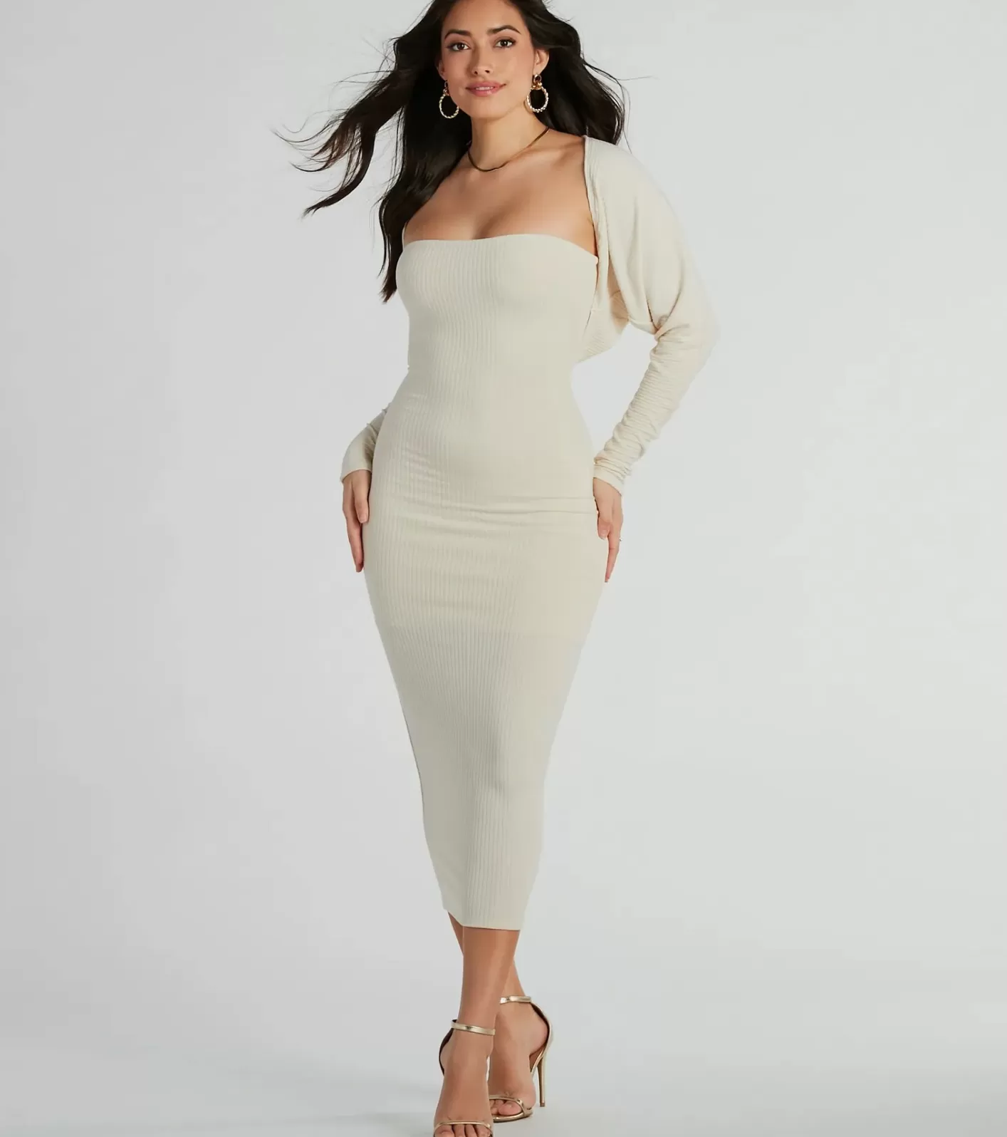 Windsor She's The Main Rib Knit Strapless Midi Dress IVORY Shop
