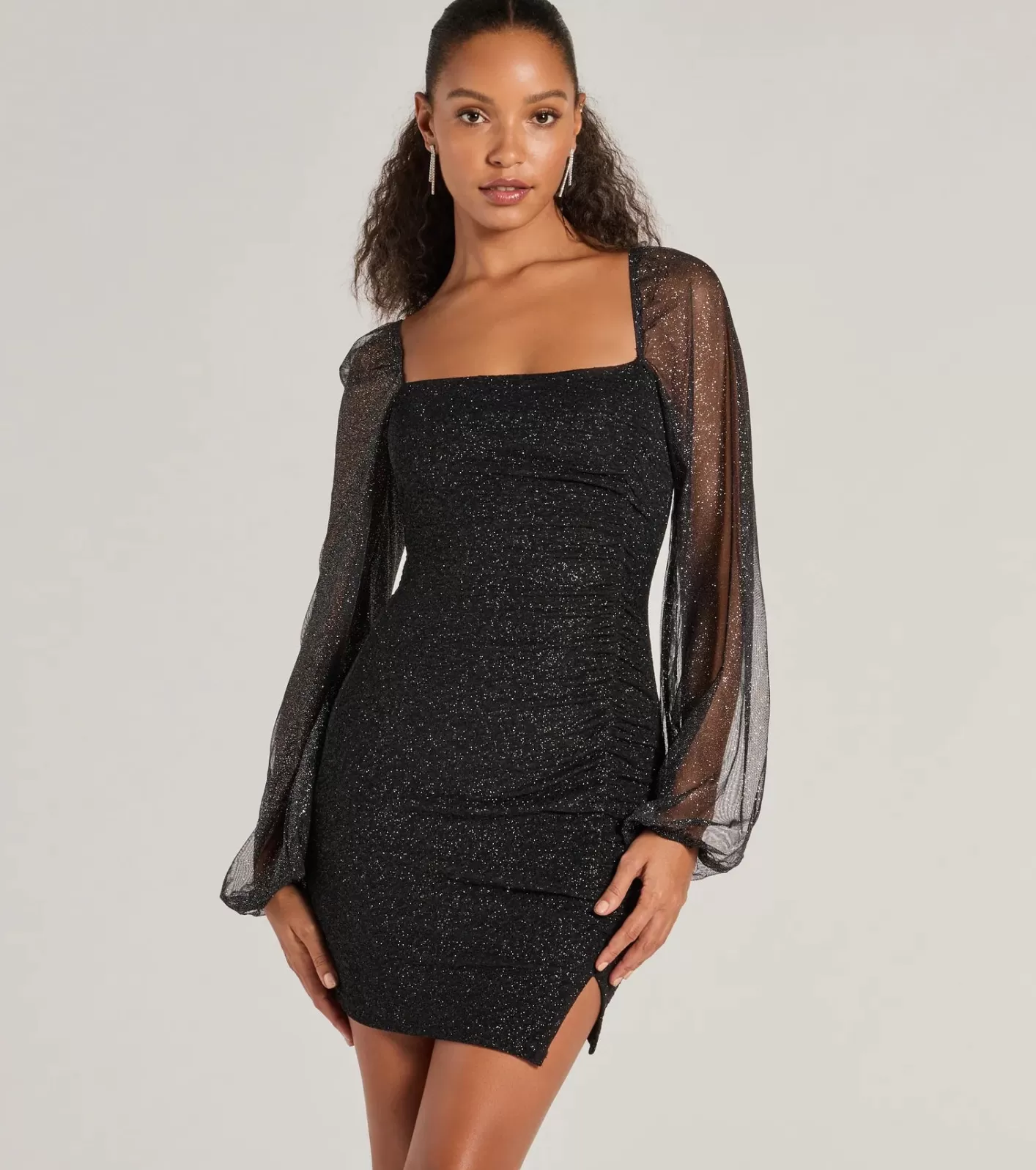Windsor Shimmer Season Long Sleeve Glitter Mini Dress BLACK Clearance