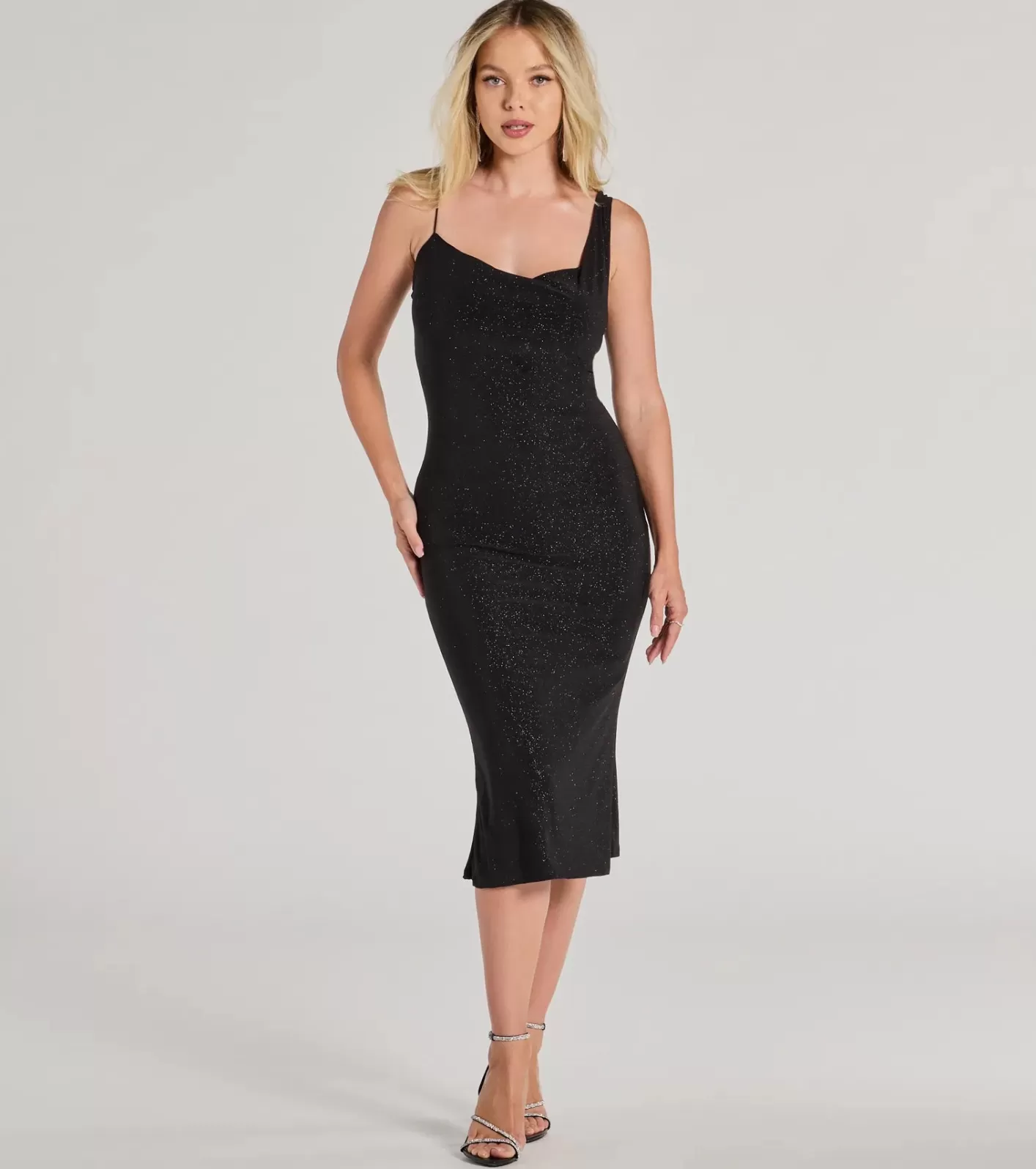 Windsor Shimmering Nights Cowl Neck Glitter Midi Dress BLACK Cheap