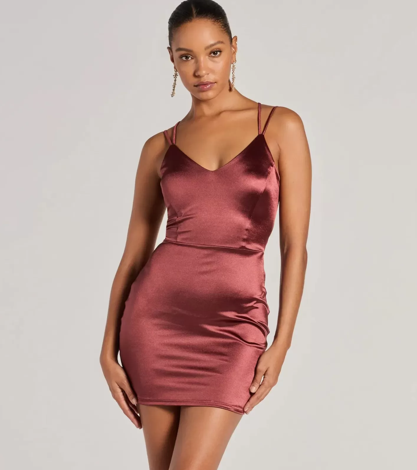 Windsor Simply A Stunner Lace-Up Bodycon Satin Mini Dress RAISIN Outlet