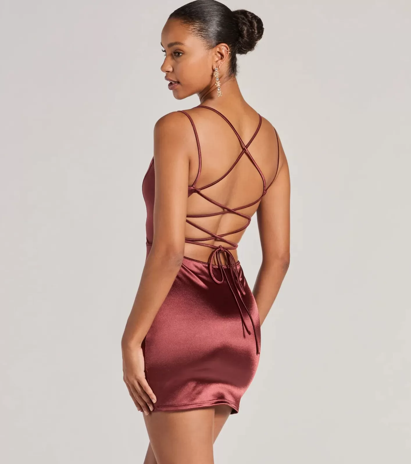 Windsor Simply A Stunner Lace-Up Bodycon Satin Mini Dress RAISIN Outlet