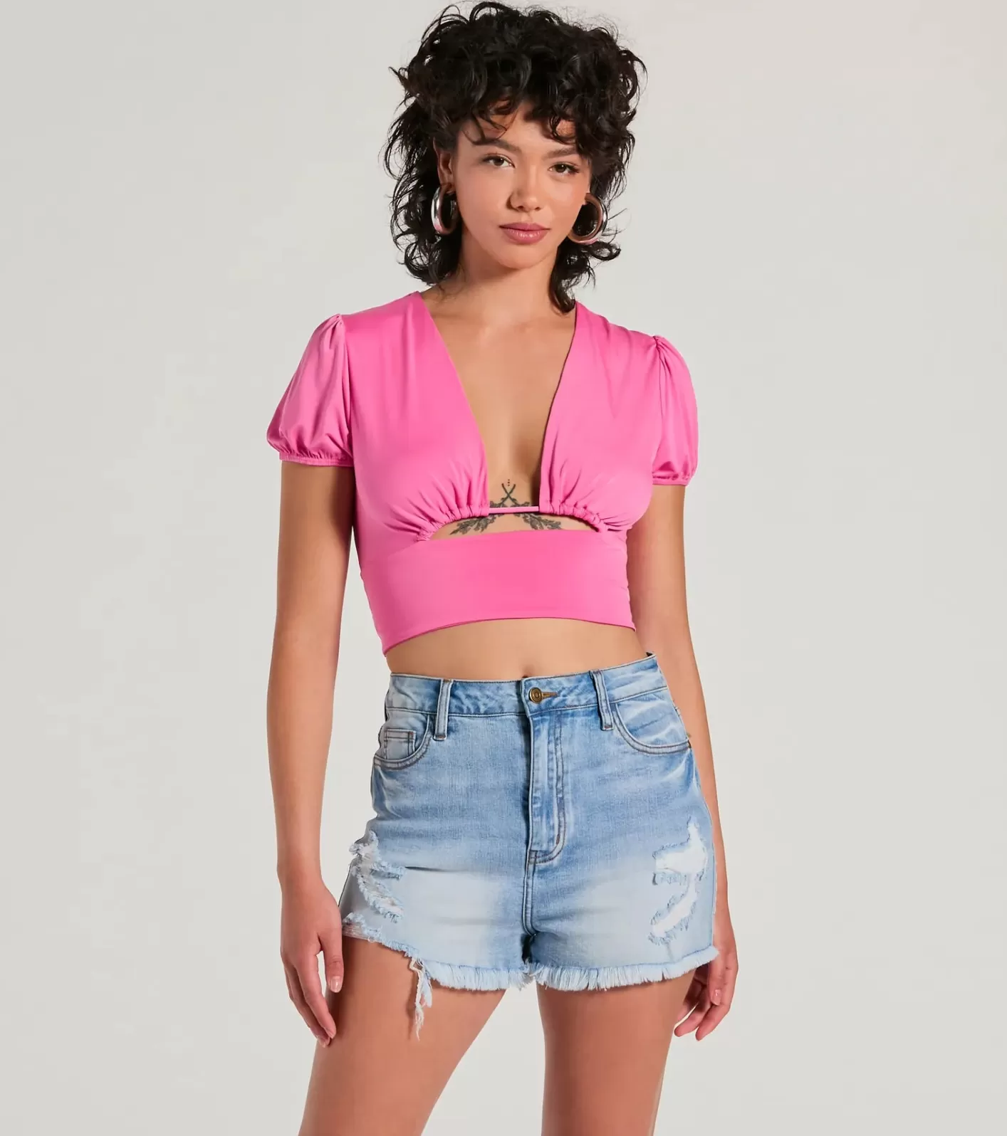 Windsor Simply Adorable Puff Sleeve Cutout Crop Top PINK Clearance