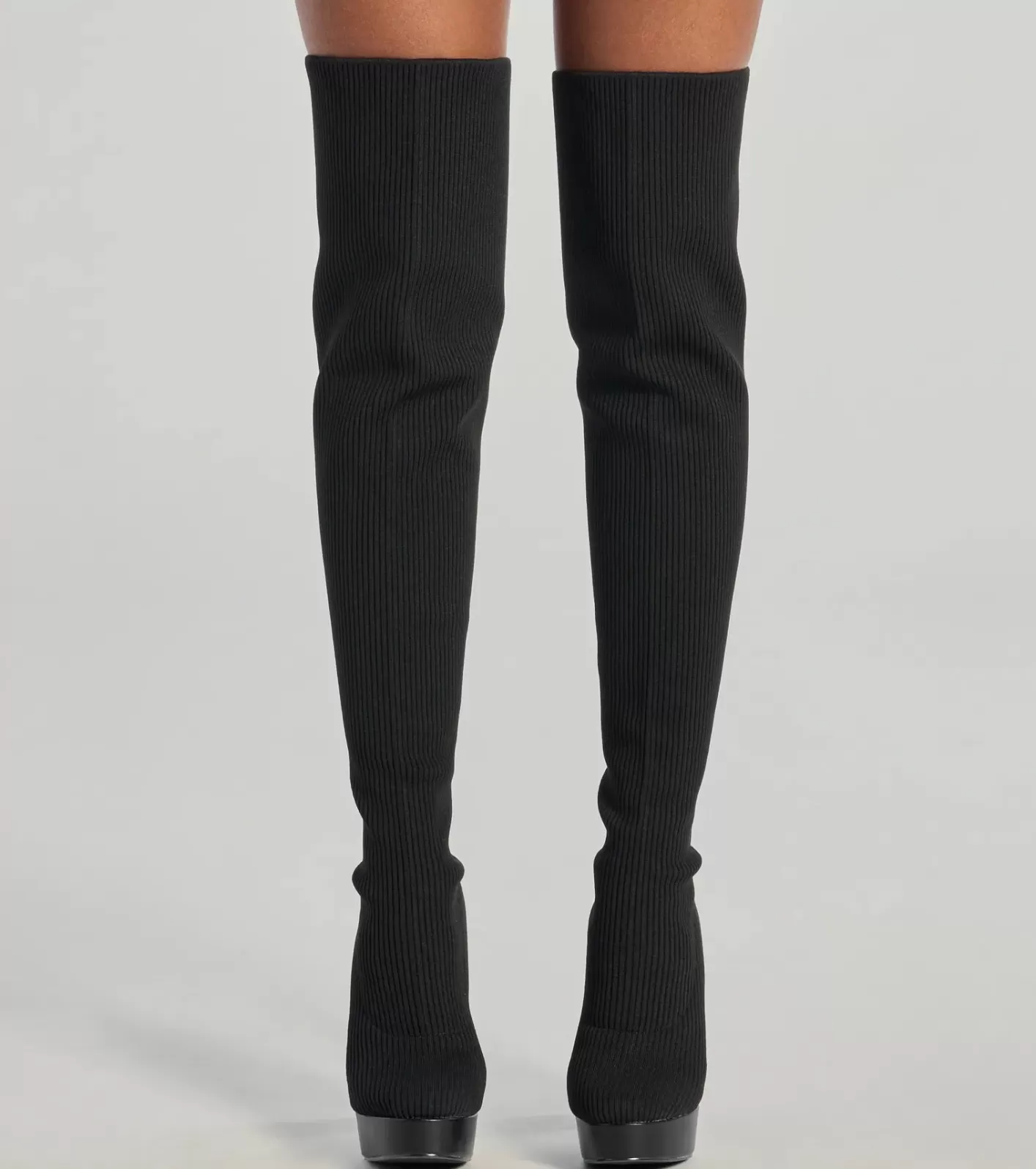 Windsor Slay On Thigh-High Ribbed Knit Platform Boots BLACK Online