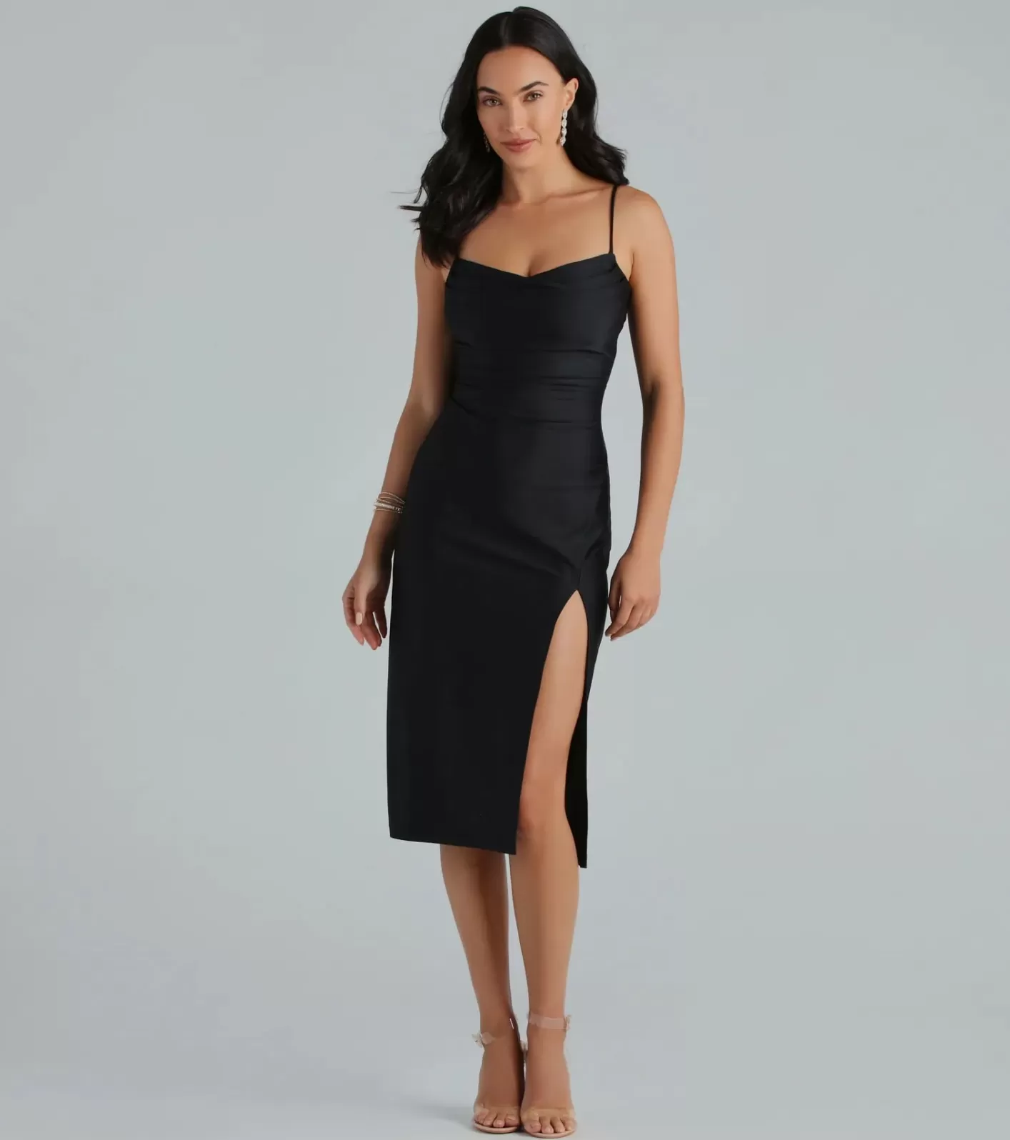Windsor Sleek And Smooth High Slit Midi Dress BLACK Fashion