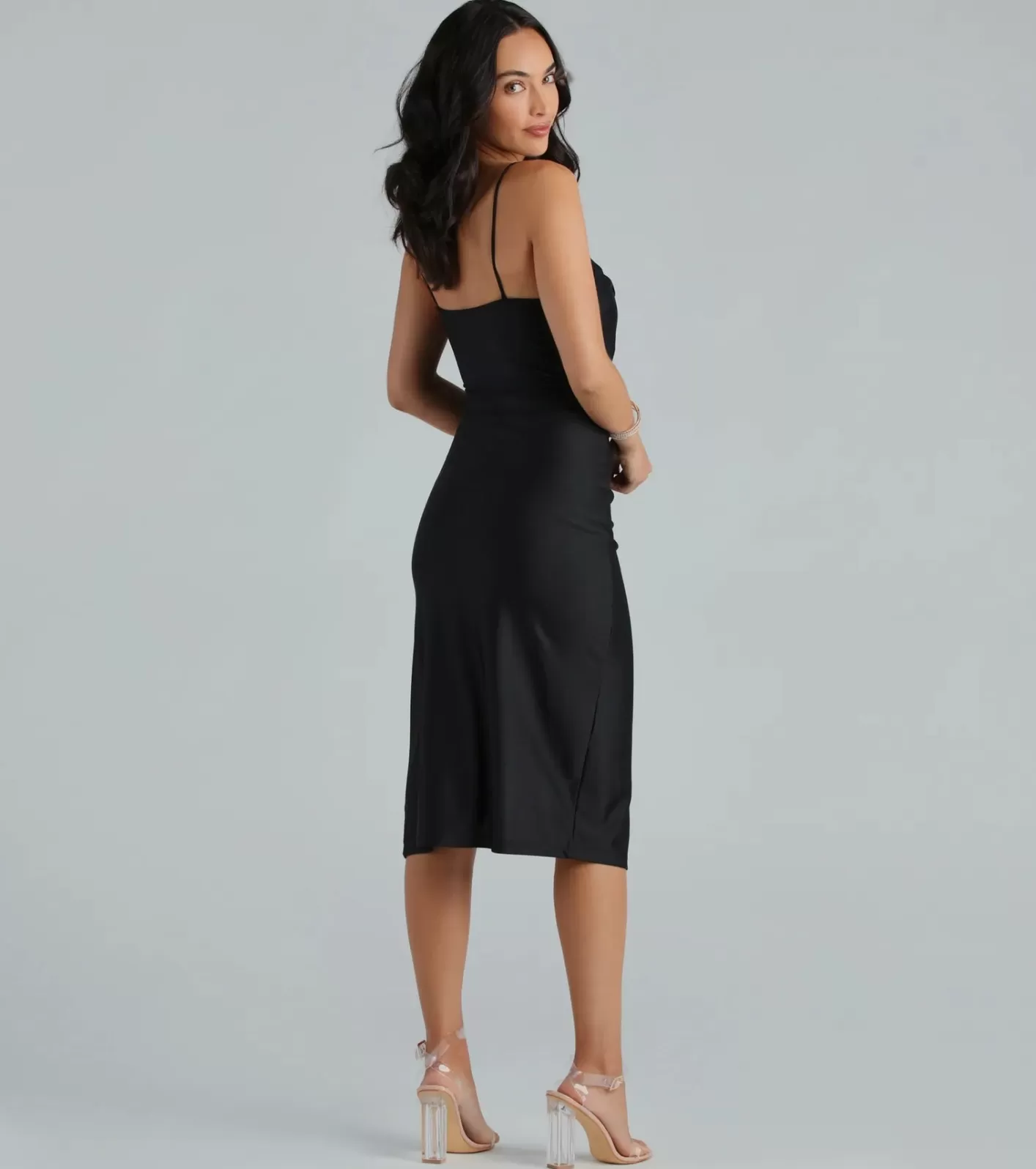 Windsor Sleek And Smooth High Slit Midi Dress BLACK Fashion