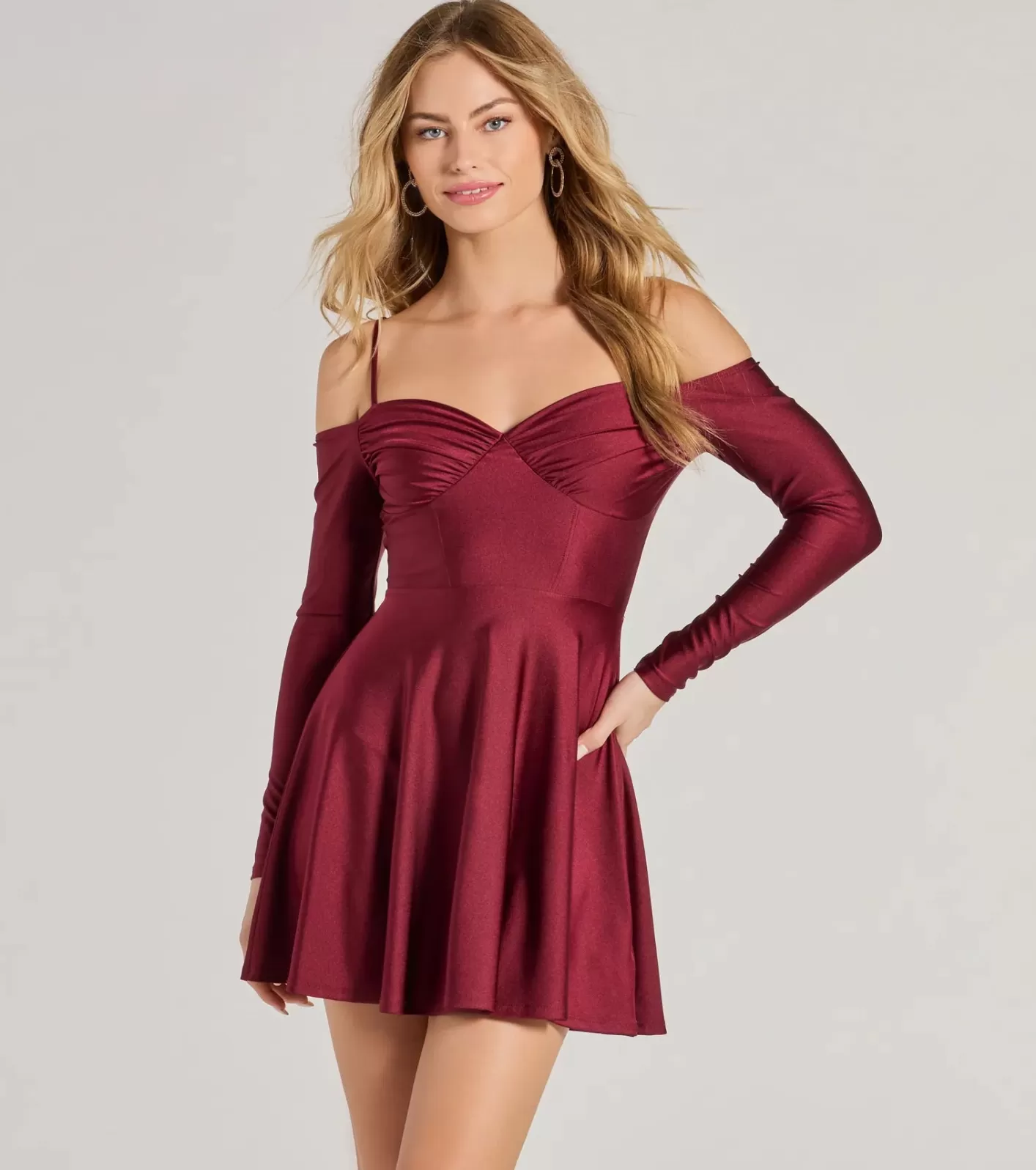 Windsor Sleek And Stylin' Knit Cold-Shoulder Skater Dress BURGUNDY Discount