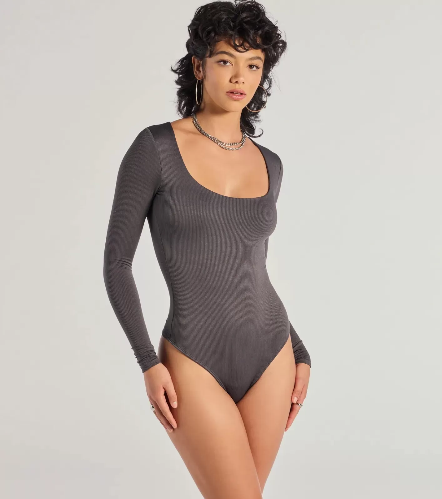 Windsor Sleek Appeal Ribbed Knit Long Sleeve Bodysuit CHARCOAL Best