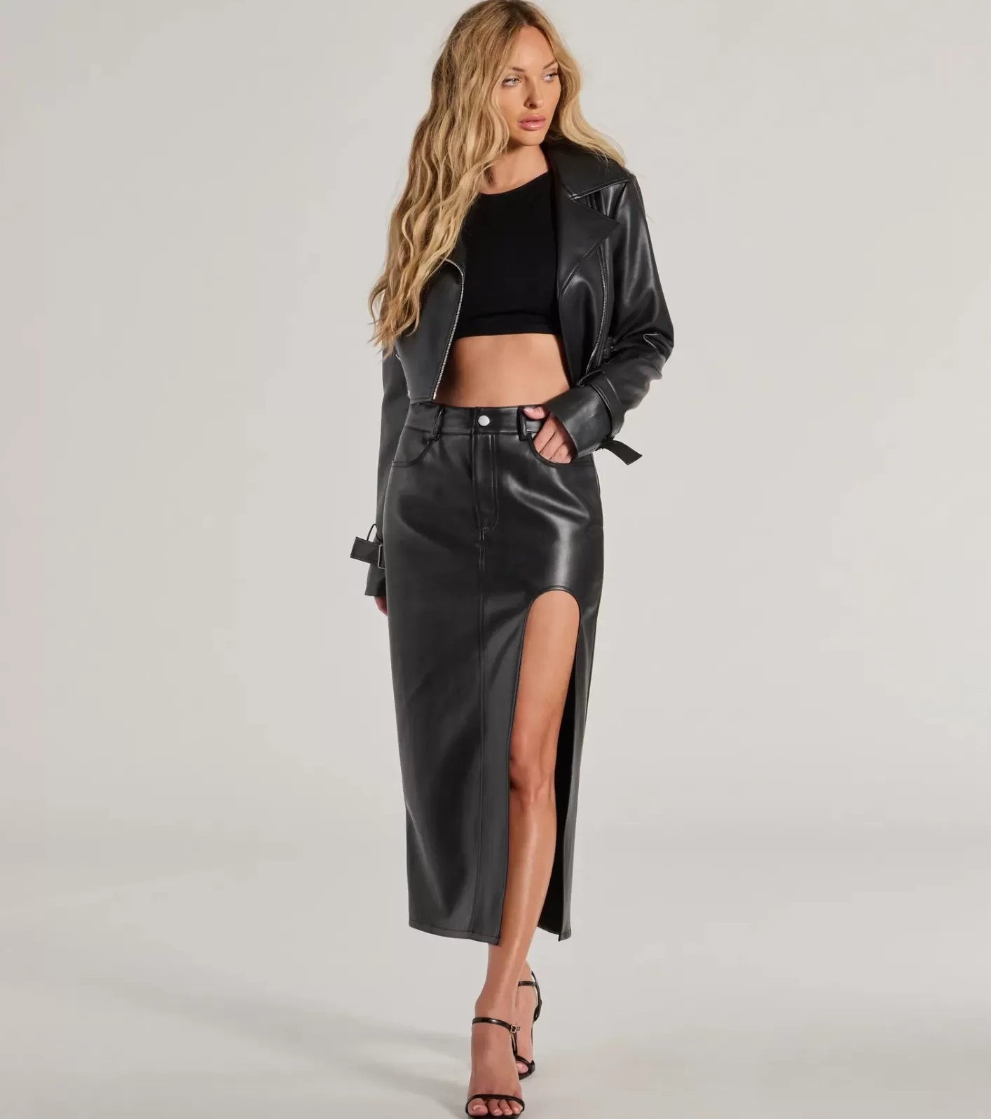 Windsor Sleek Era Faux Leather High Slit Midi Skirt BLACK Hot