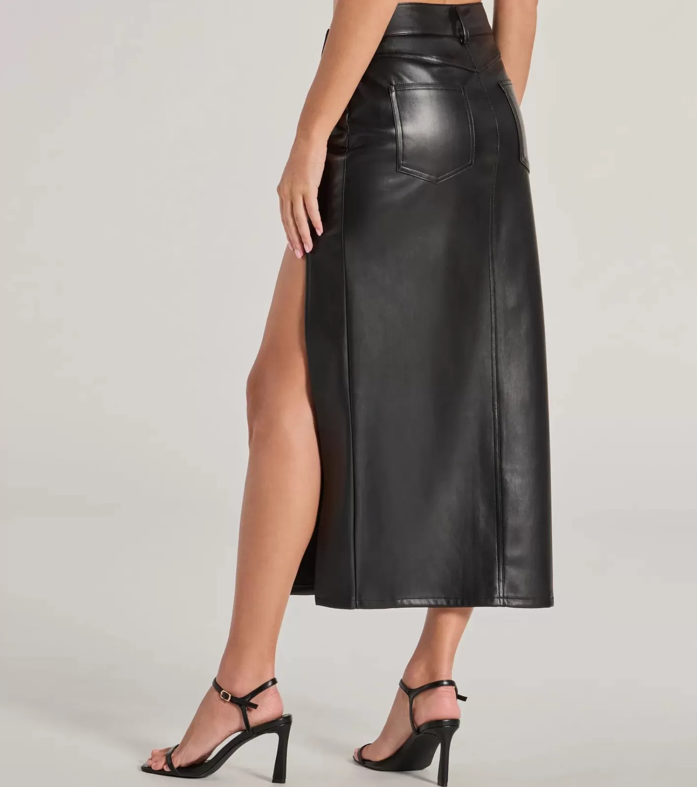 Windsor Sleek Era Faux Leather High Slit Midi Skirt BLACK Hot