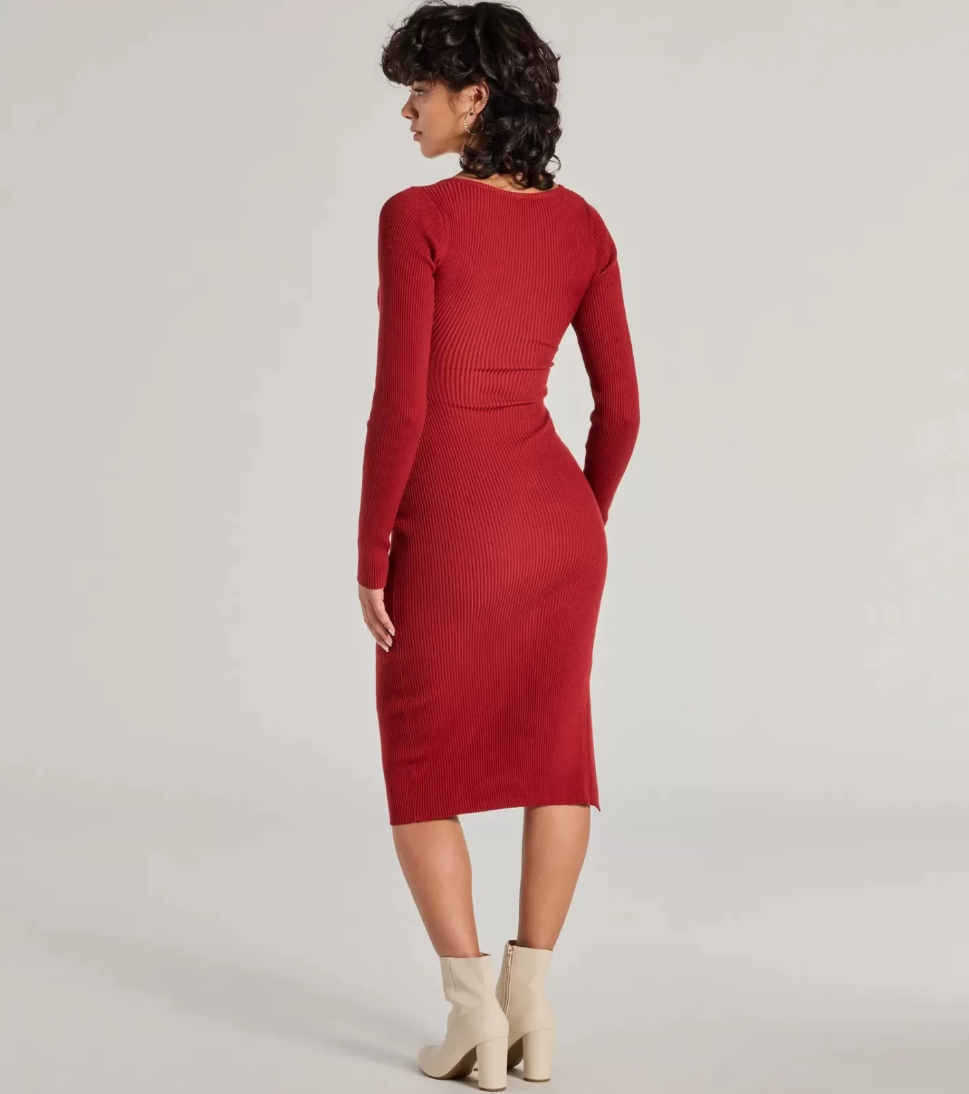 Windsor Sleek Essential Ribbed Knit High Slit Midi Dress DARKMARSALA Online