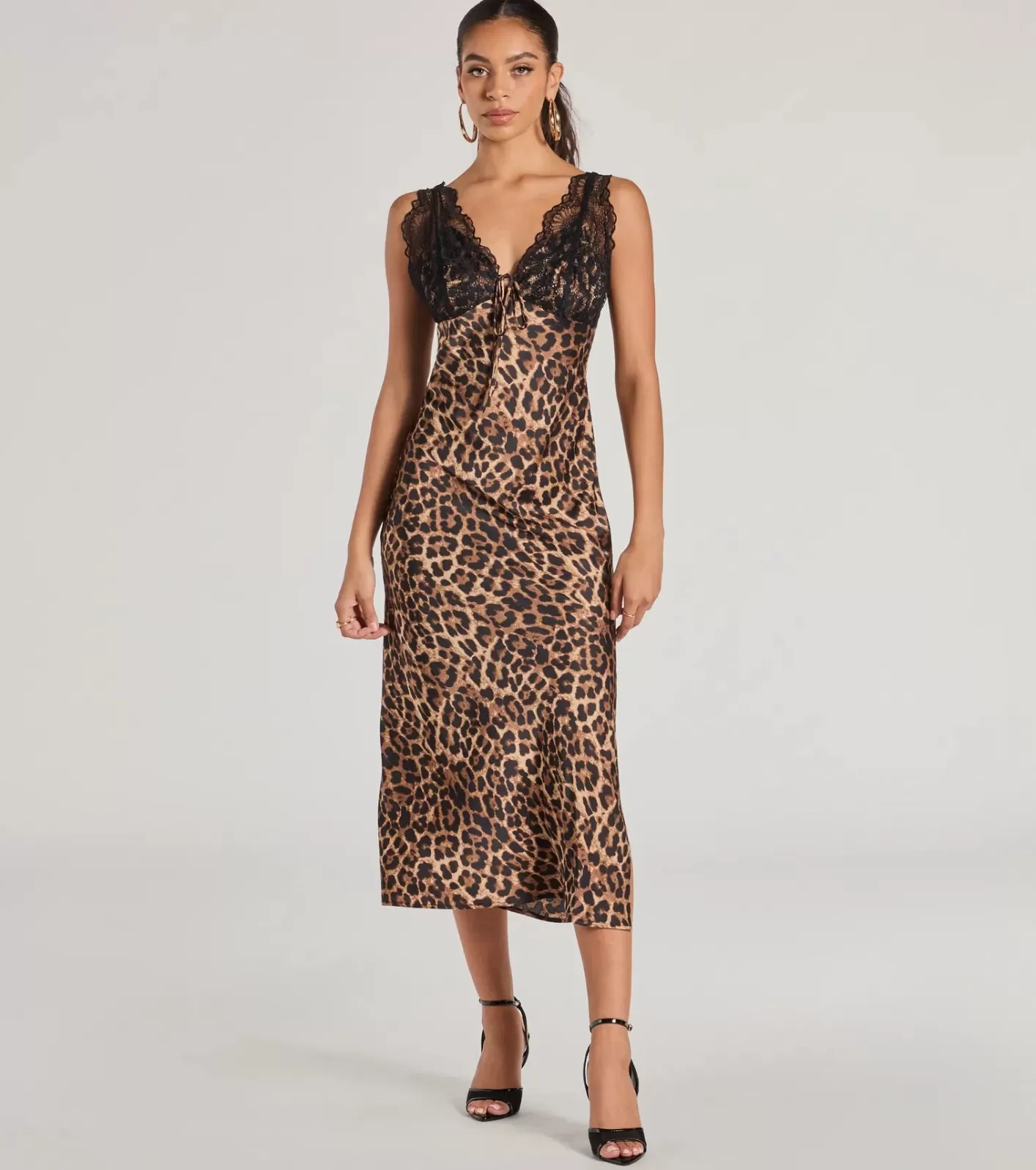 Windsor Sleek Leopard Print Lace And Satin Midi Dress BROWN Store