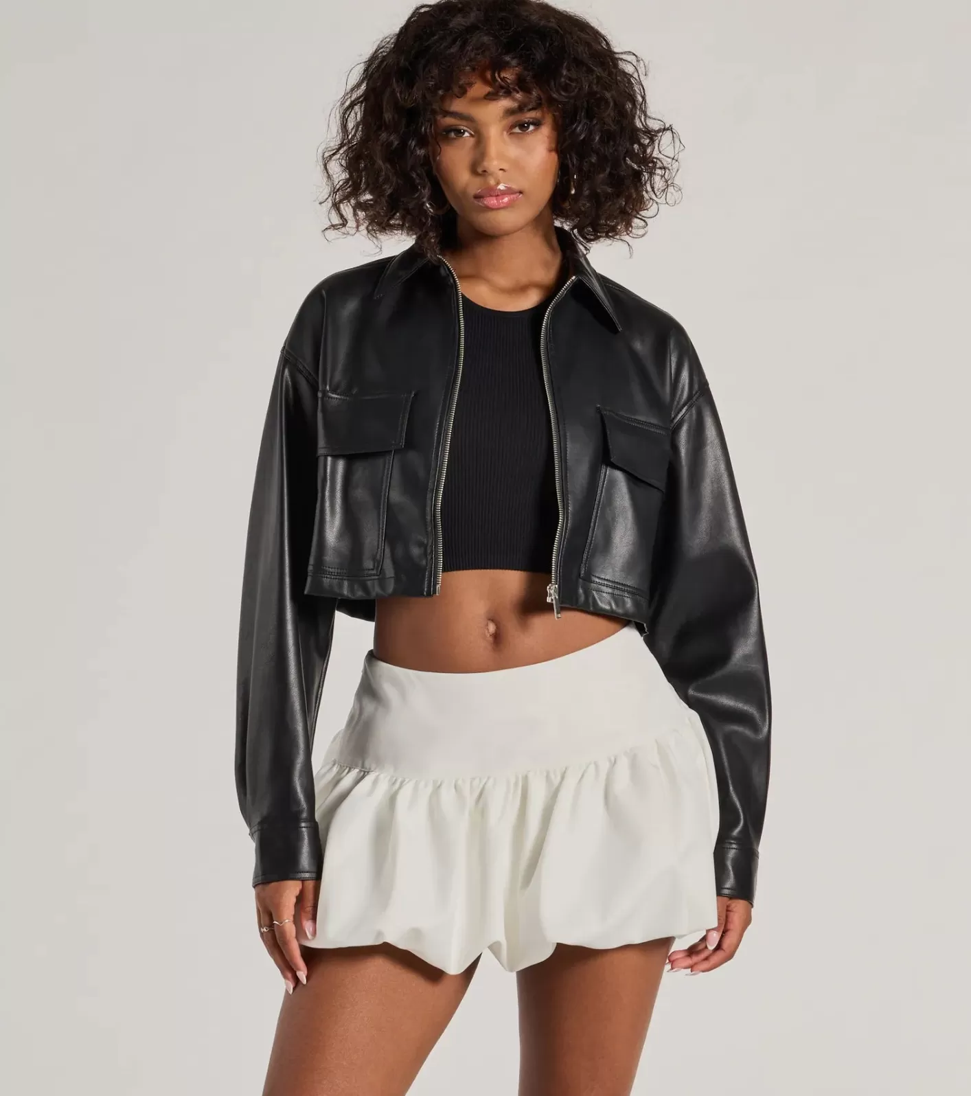 Windsor Sleek Staple Cropped Faux Leather Shacket BLACK New