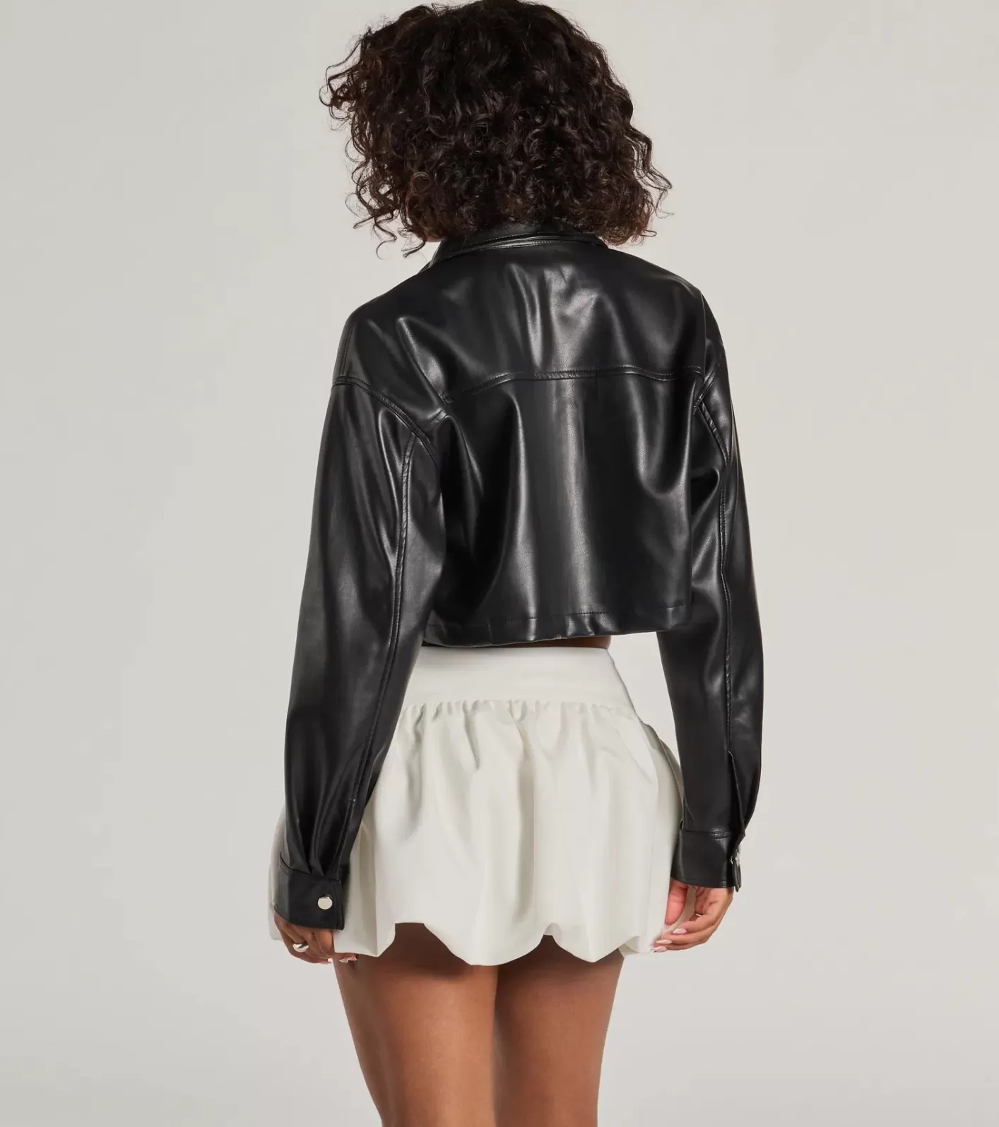 Windsor Sleek Staple Cropped Faux Leather Shacket BLACK New