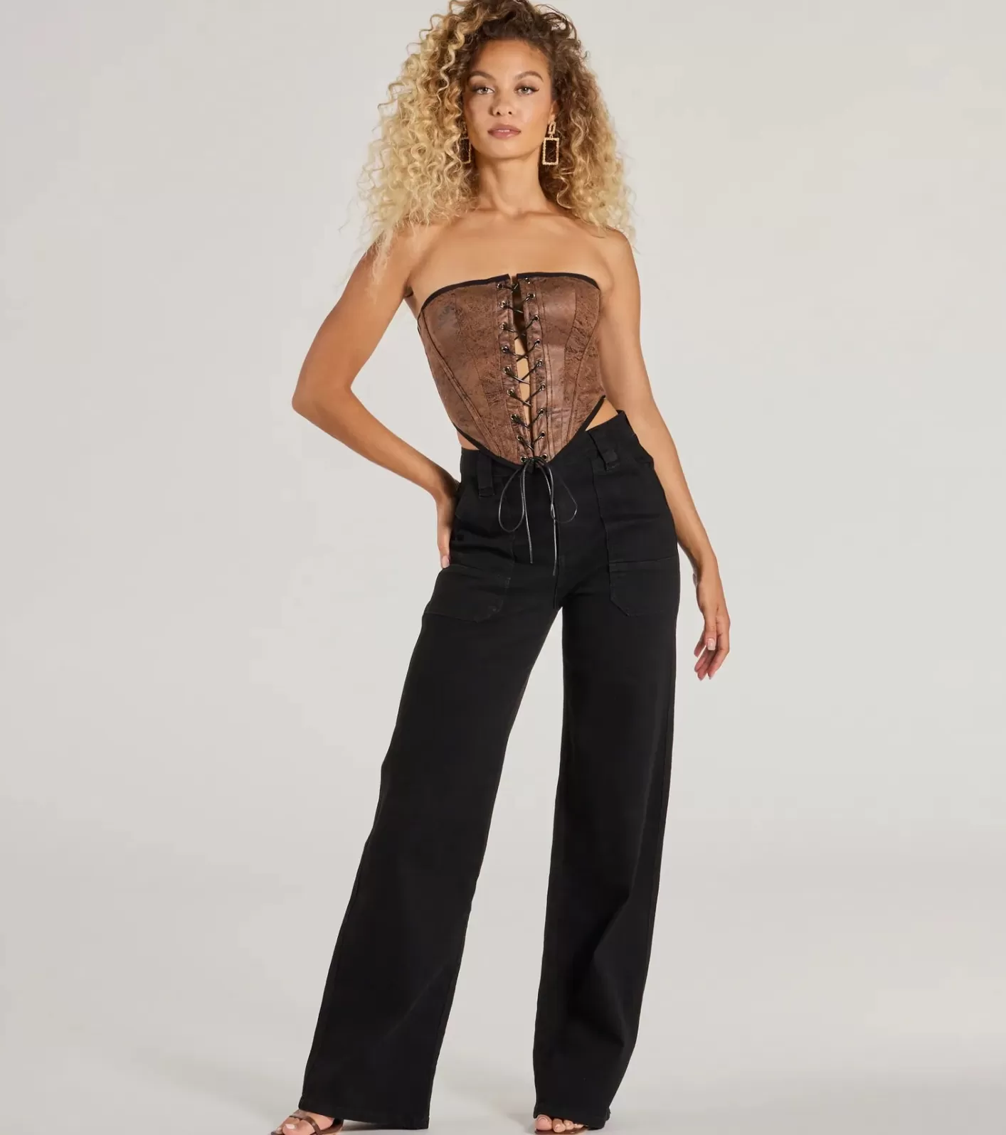 Windsor Smooth And Edgy Lace-Up Faux Suede Corset Top BROWN Hot