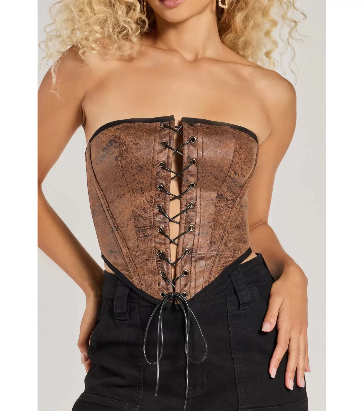 Windsor Smooth And Edgy Lace-Up Faux Suede Corset Top BROWN Hot