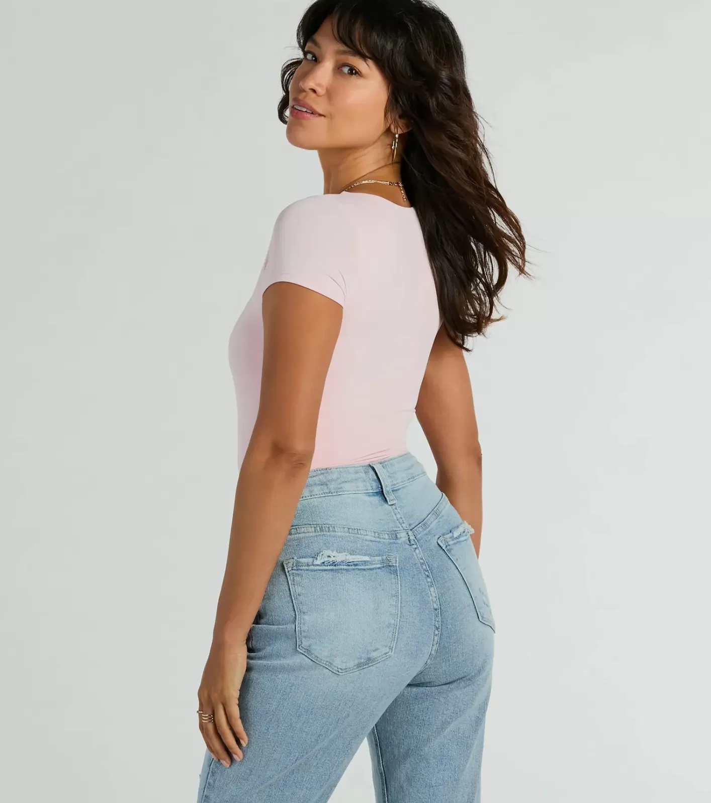 Windsor Smooth Silhouette Scoop Neck Short Sleeve Bodysuit PINK Cheap