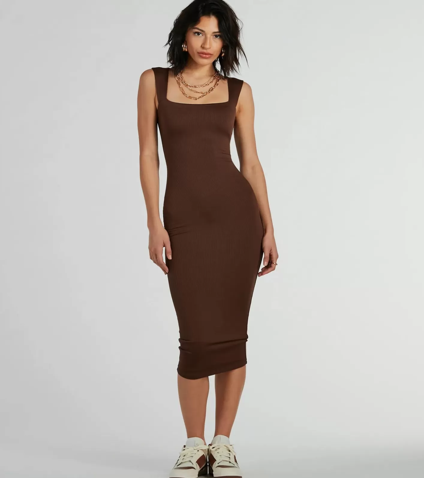 Windsor Smooth Silhouette Square Neck Tank Midi Dress BROWN Discount