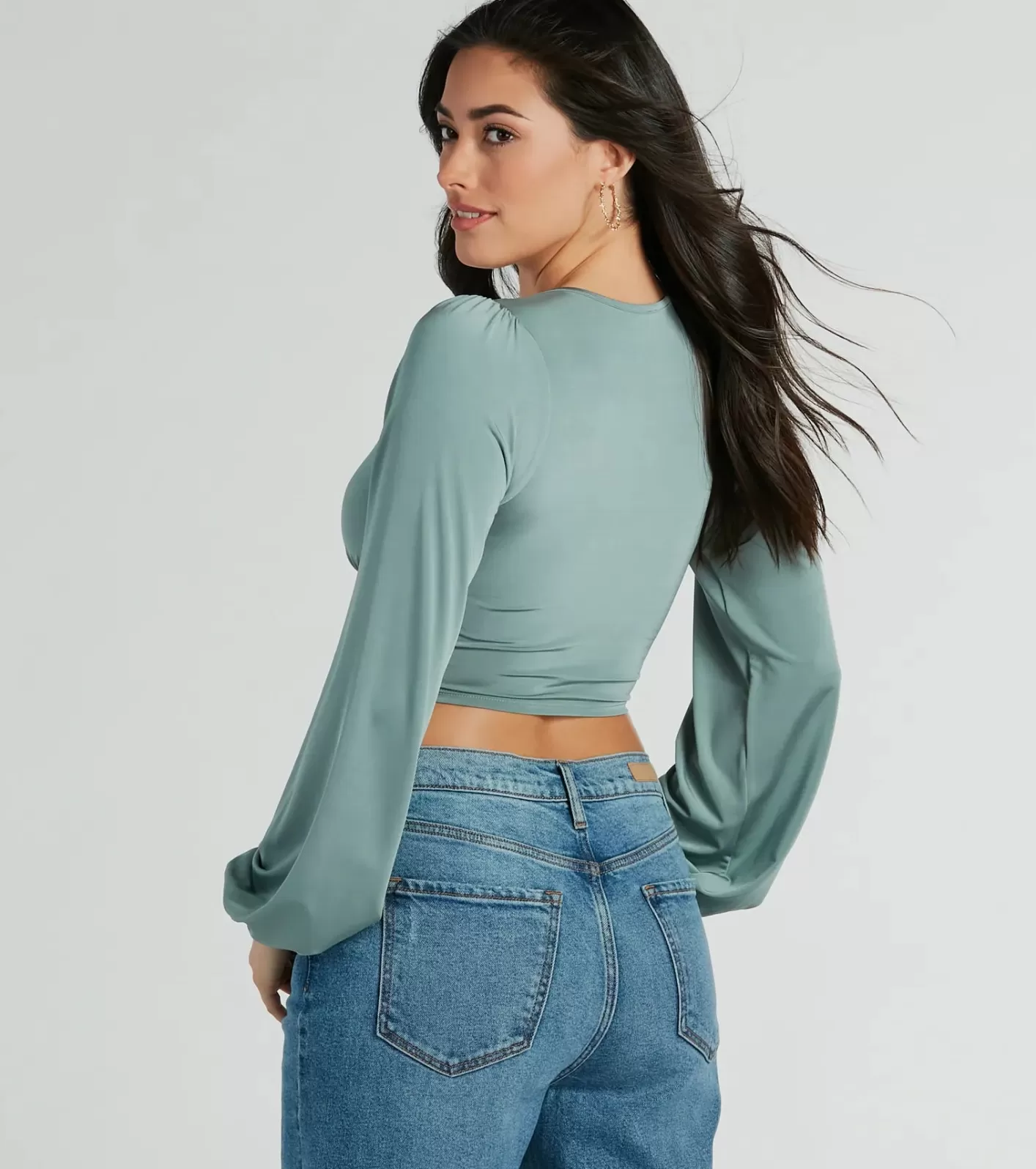 Windsor Smooth Talkin' Long Sleeve V-Neck Crop Blouse SAGE Cheap