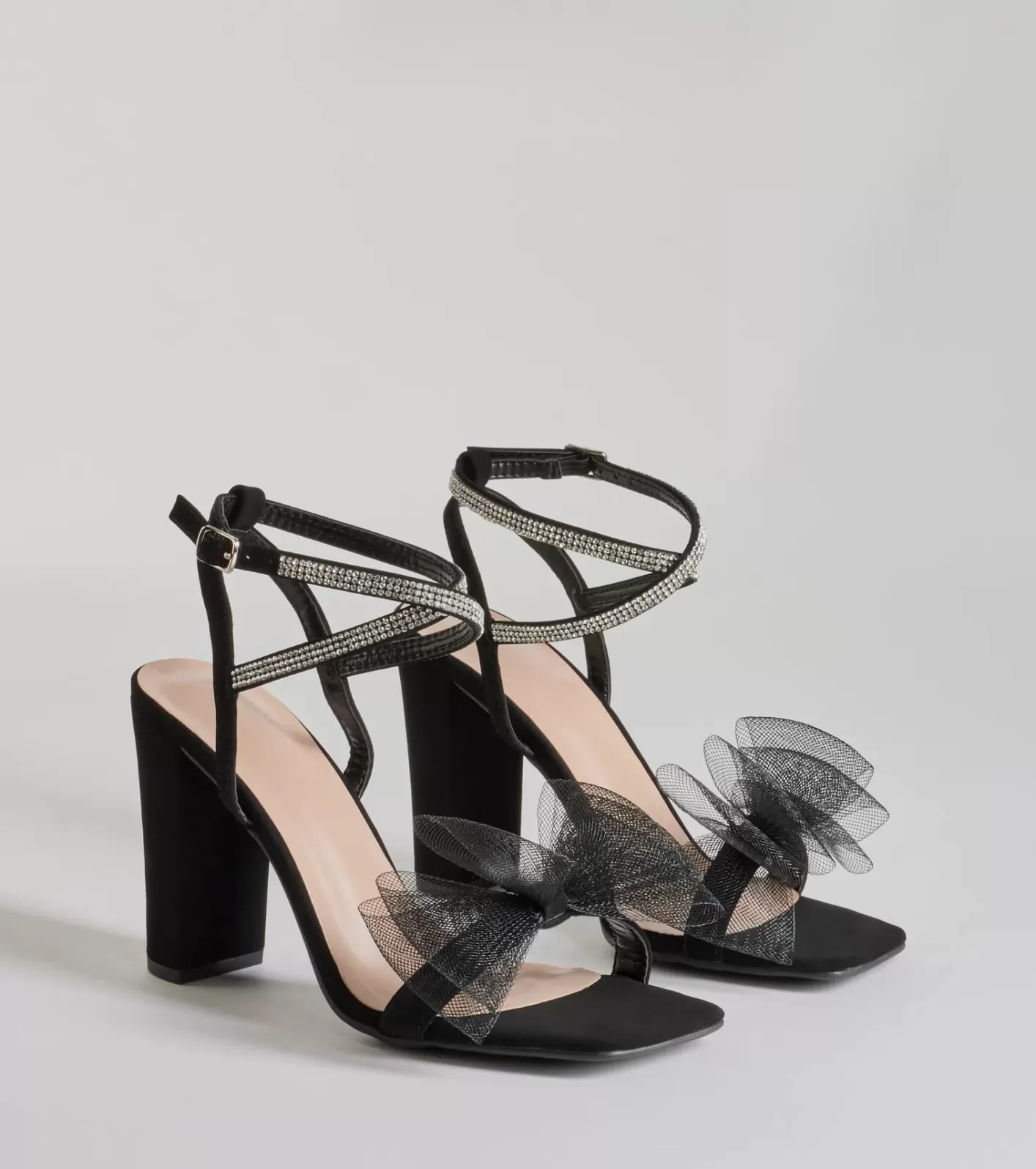 Windsor So Lovely Bow Rhinestone Satin Block Heels BLACK Fashion