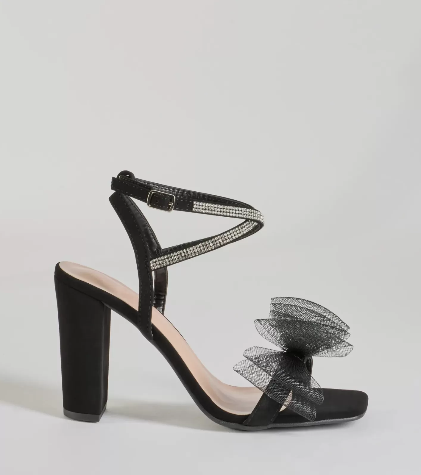 Windsor So Lovely Bow Rhinestone Satin Block Heels BLACK Fashion