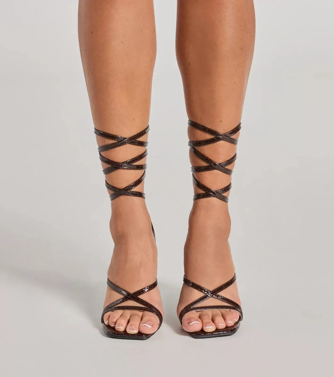 Windsor So Sleek Faux Croc Embossed Lace-Up Block Heels BROWN Clearance