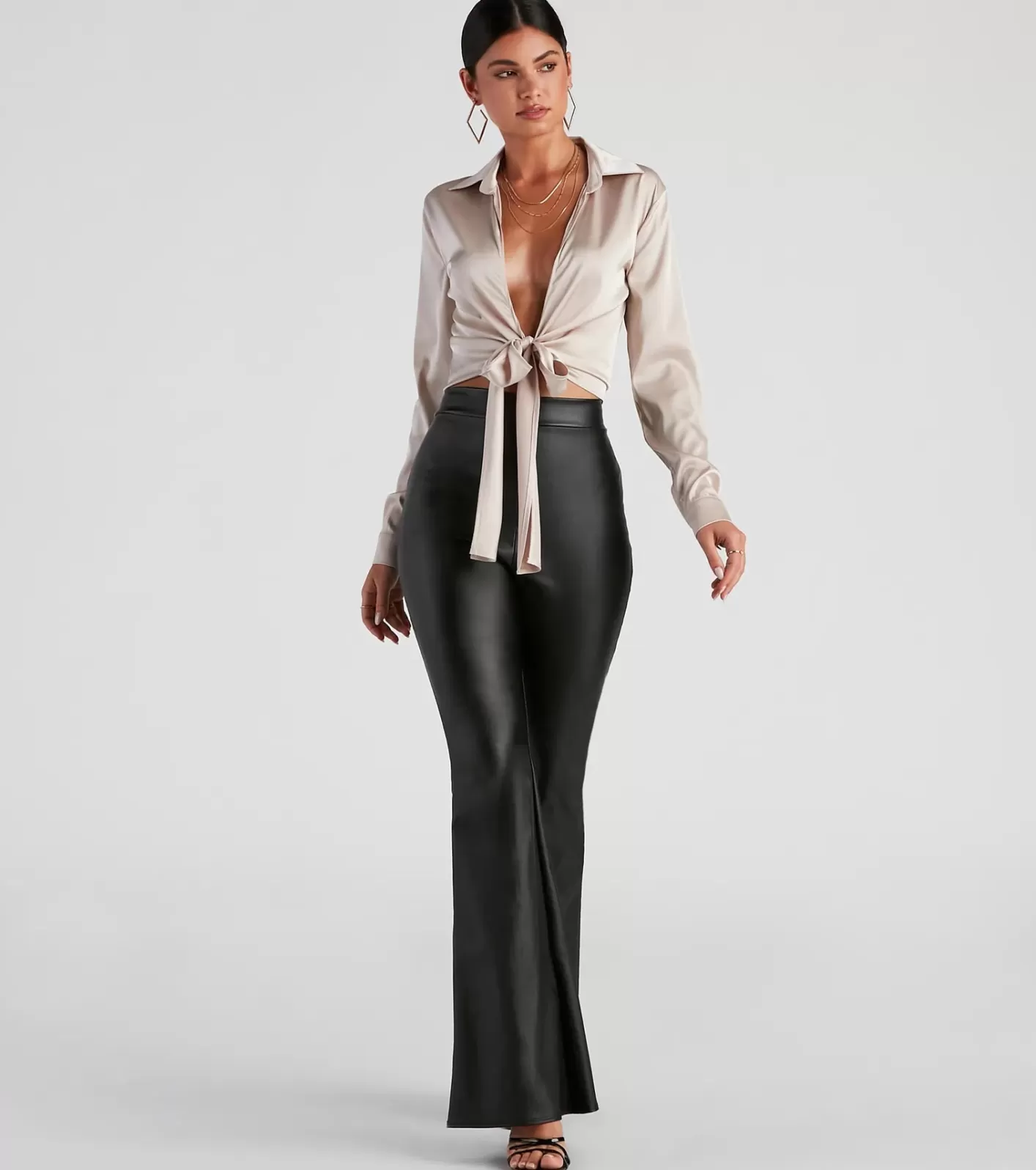 Windsor So Sleek Satin Tie-Front Blouse TAUPE Outlet