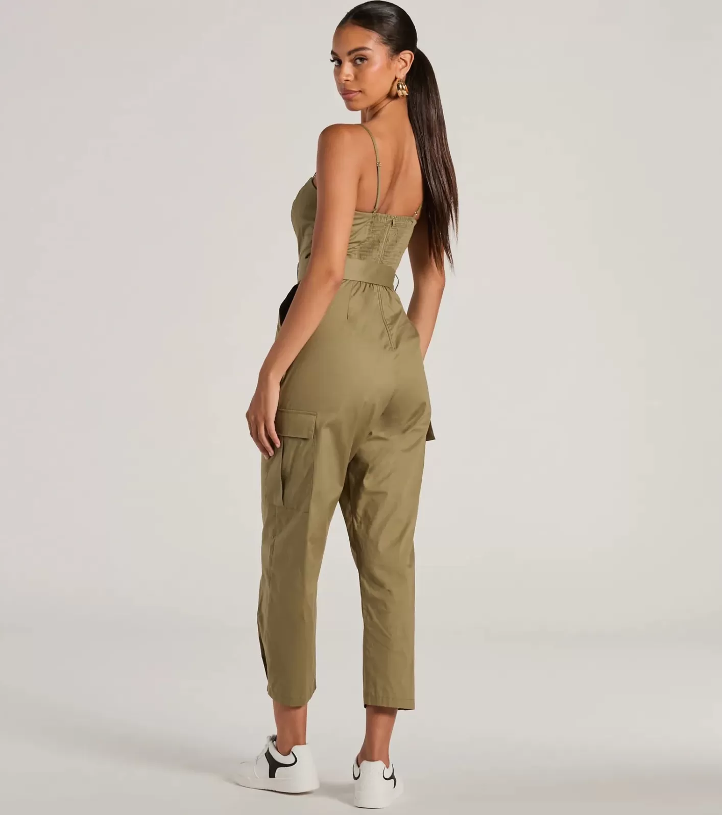 Windsor Social Outing Sleeveless Belted Cargo Crop Jumpsuit OLIVE Outlet
