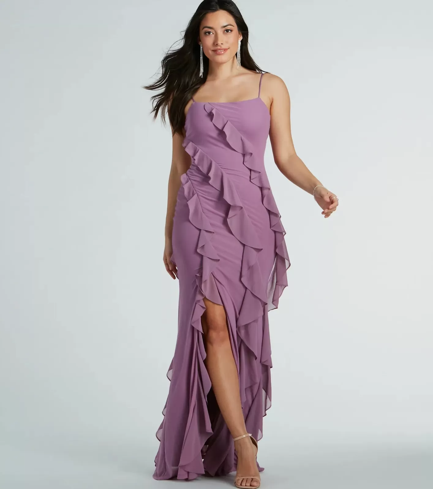 Windsor Sophia Lace-Up Ruffle Mermaid Mesh Formal Dress LAVENDER Cheap