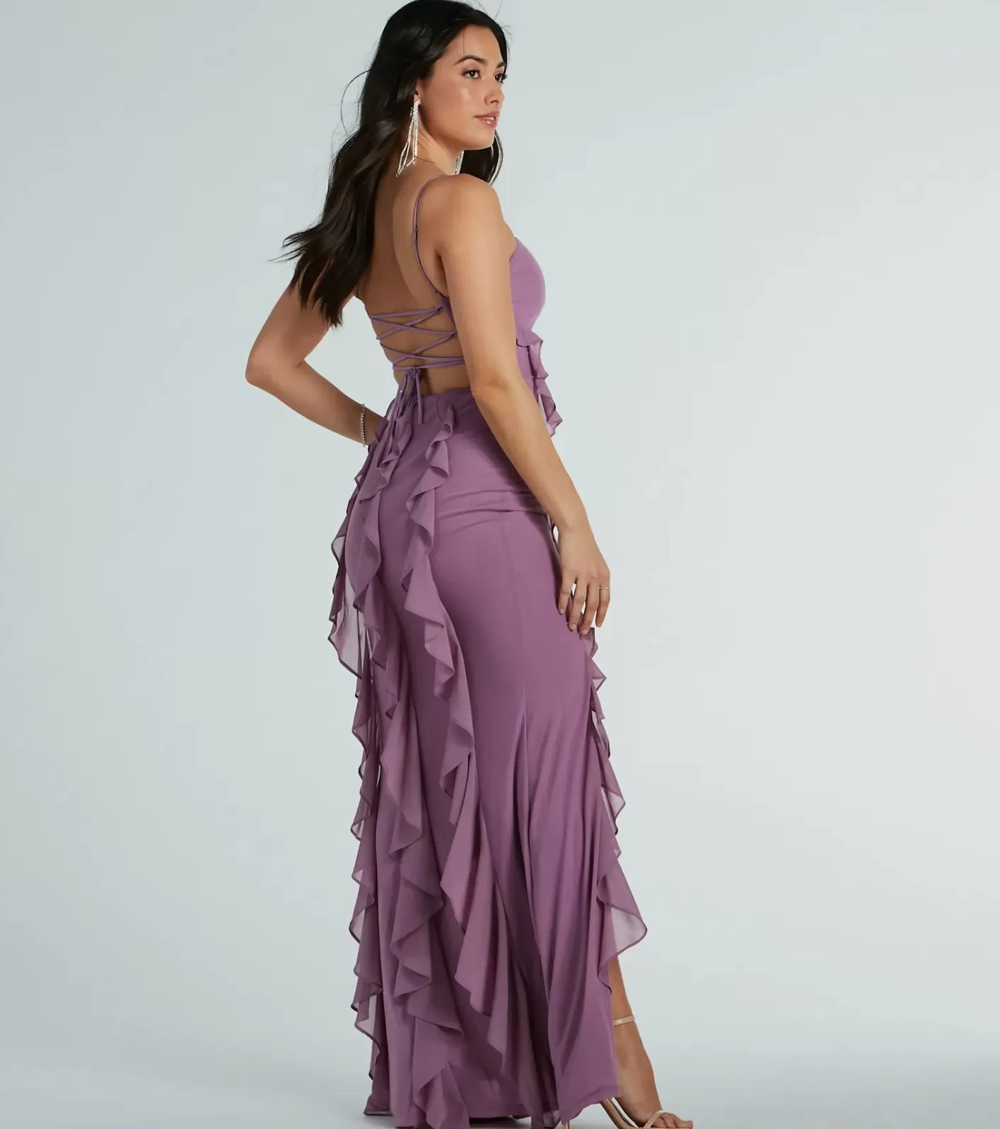 Windsor Sophia Lace-Up Ruffle Mermaid Mesh Formal Dress LAVENDER Cheap