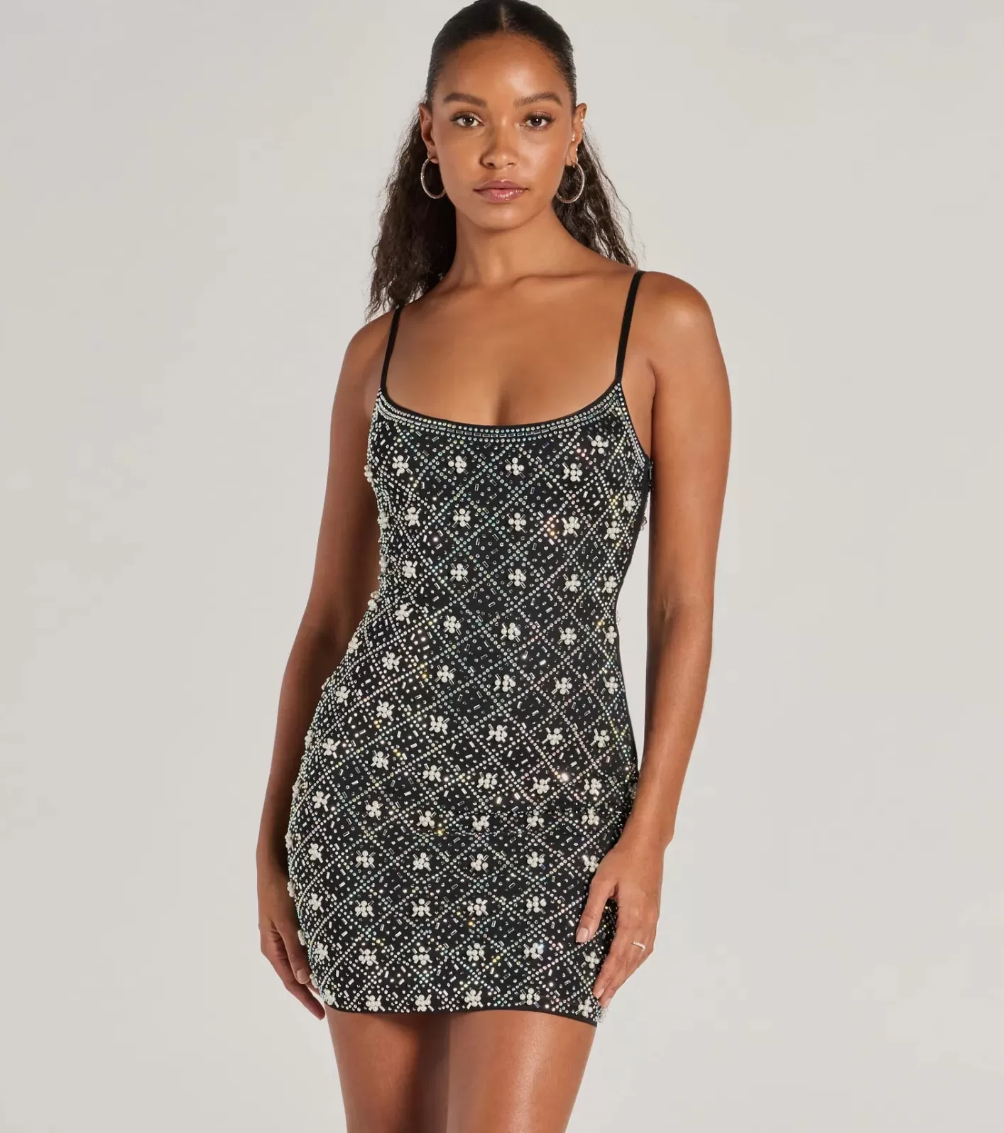 Windsor Sophie Scoop Neck Rhinestone Faux Pearl Mini Dress BLACK Best Sale