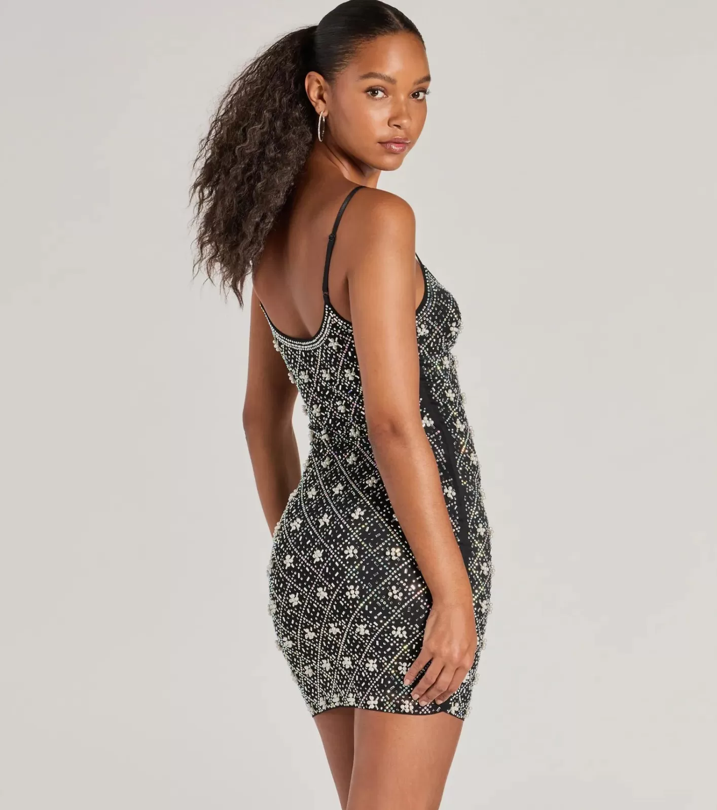 Windsor Sophie Scoop Neck Rhinestone Faux Pearl Mini Dress BLACK Best Sale