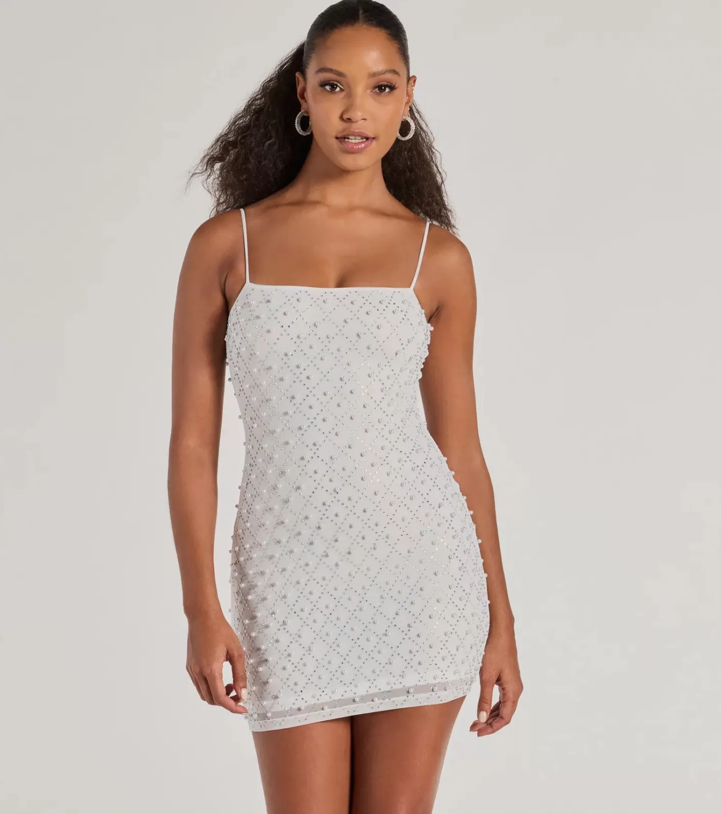 Windsor Sophisticated Radiance Rhinestone And Faux Pearl Mesh Mini Dress WHITE Discount