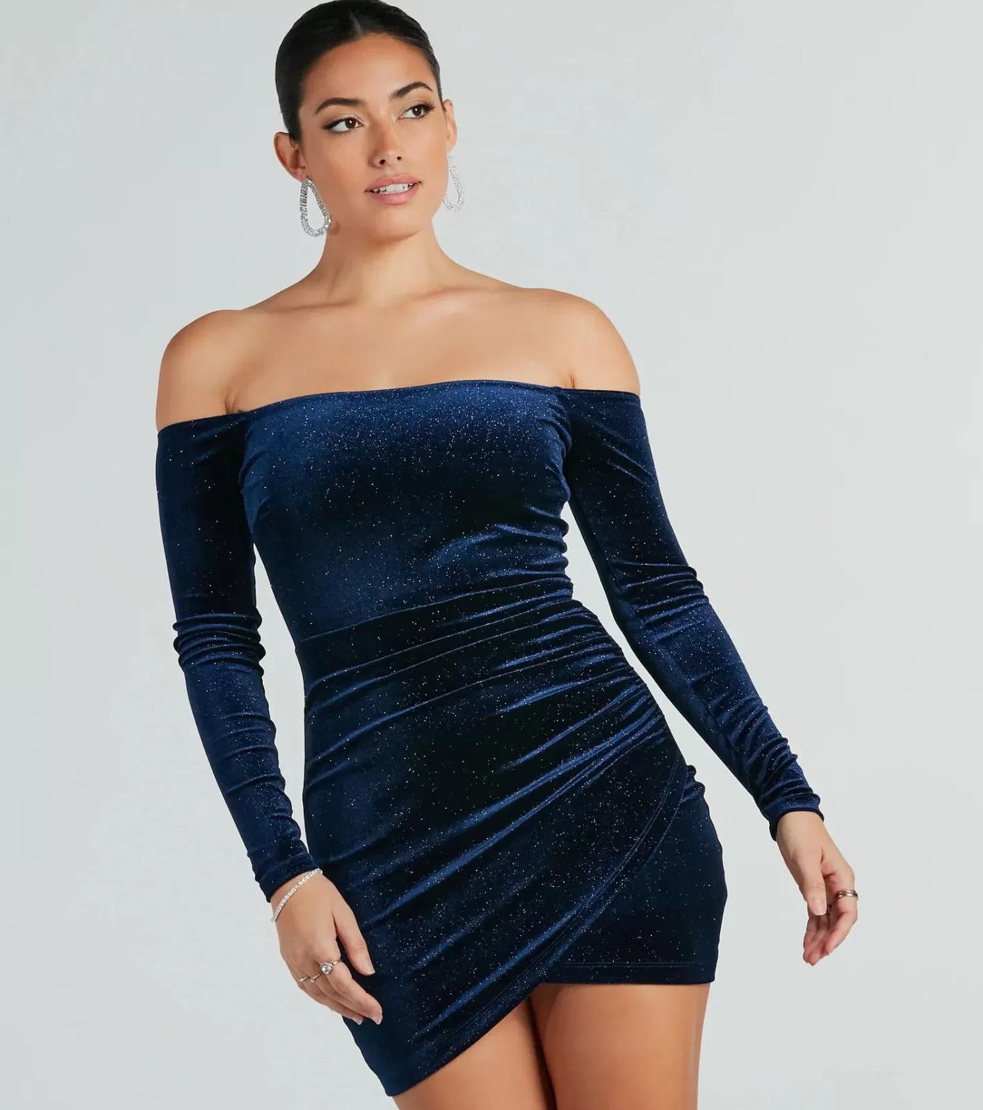 Windsor Sparkly Glitter Velvet Long Sleeve Mini Dress NAVY Best