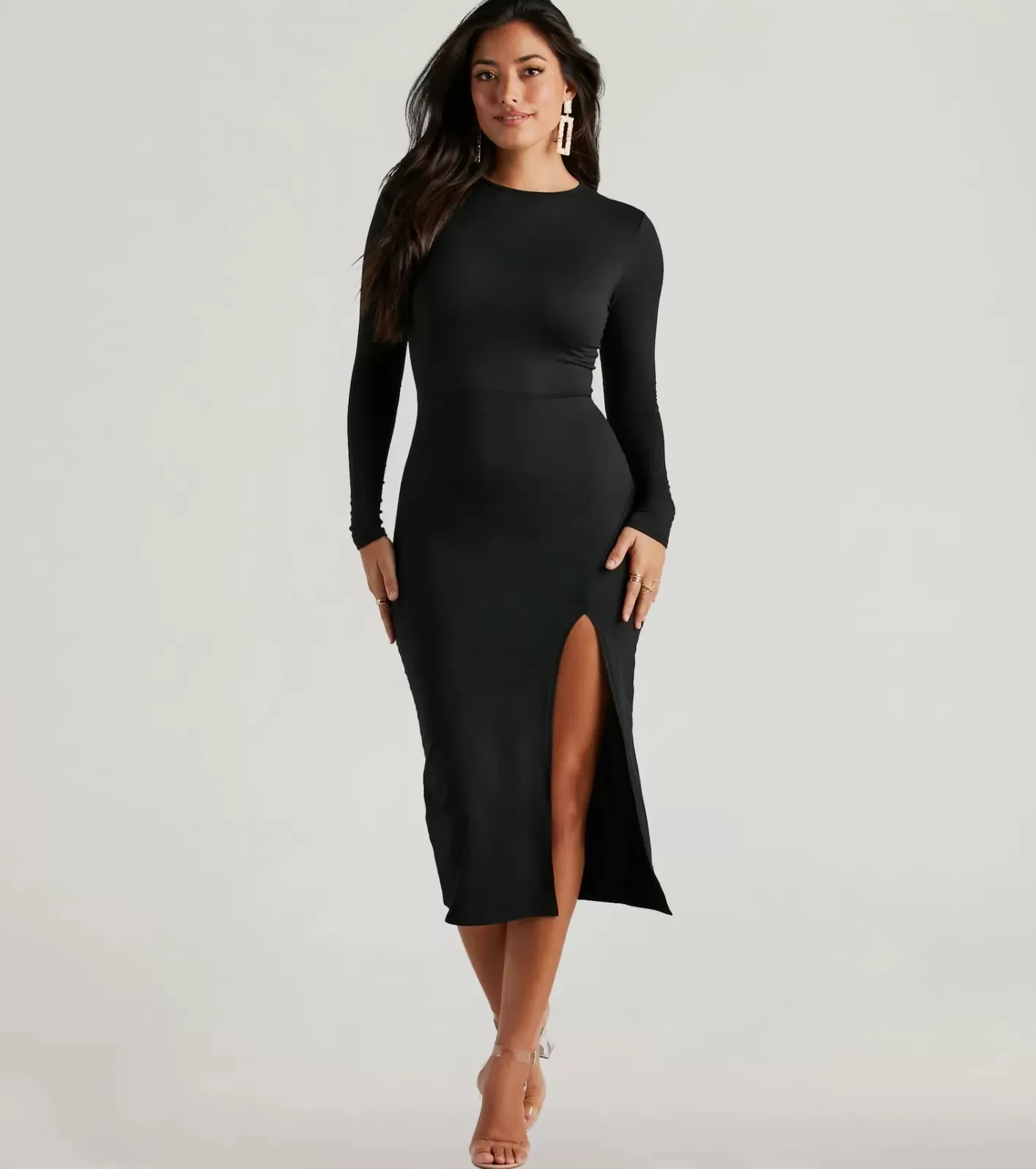 Windsor Standout Staple Crew Neck Cutout Midi Dress BLACK Cheap