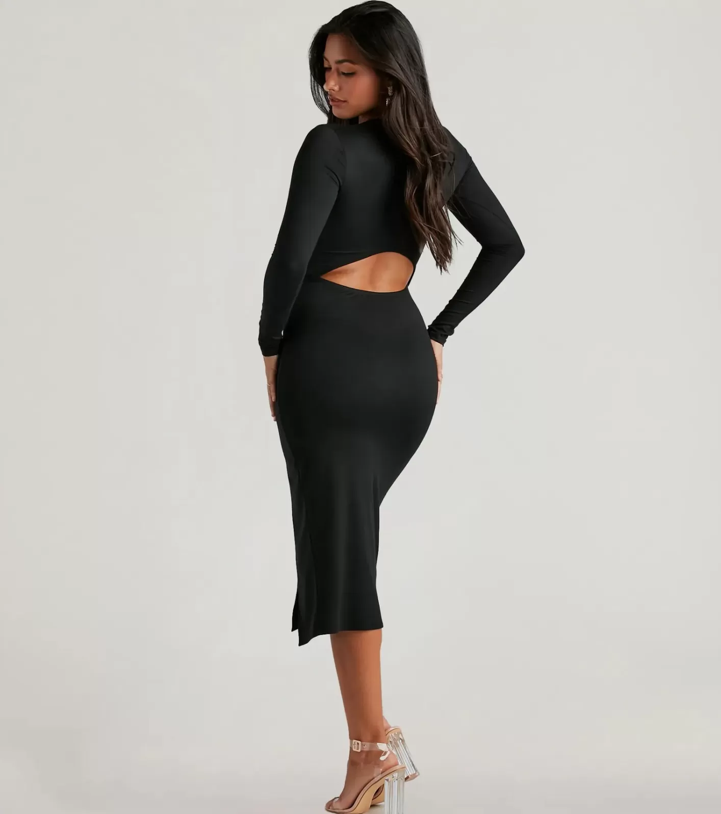Windsor Standout Staple Crew Neck Cutout Midi Dress BLACK Cheap