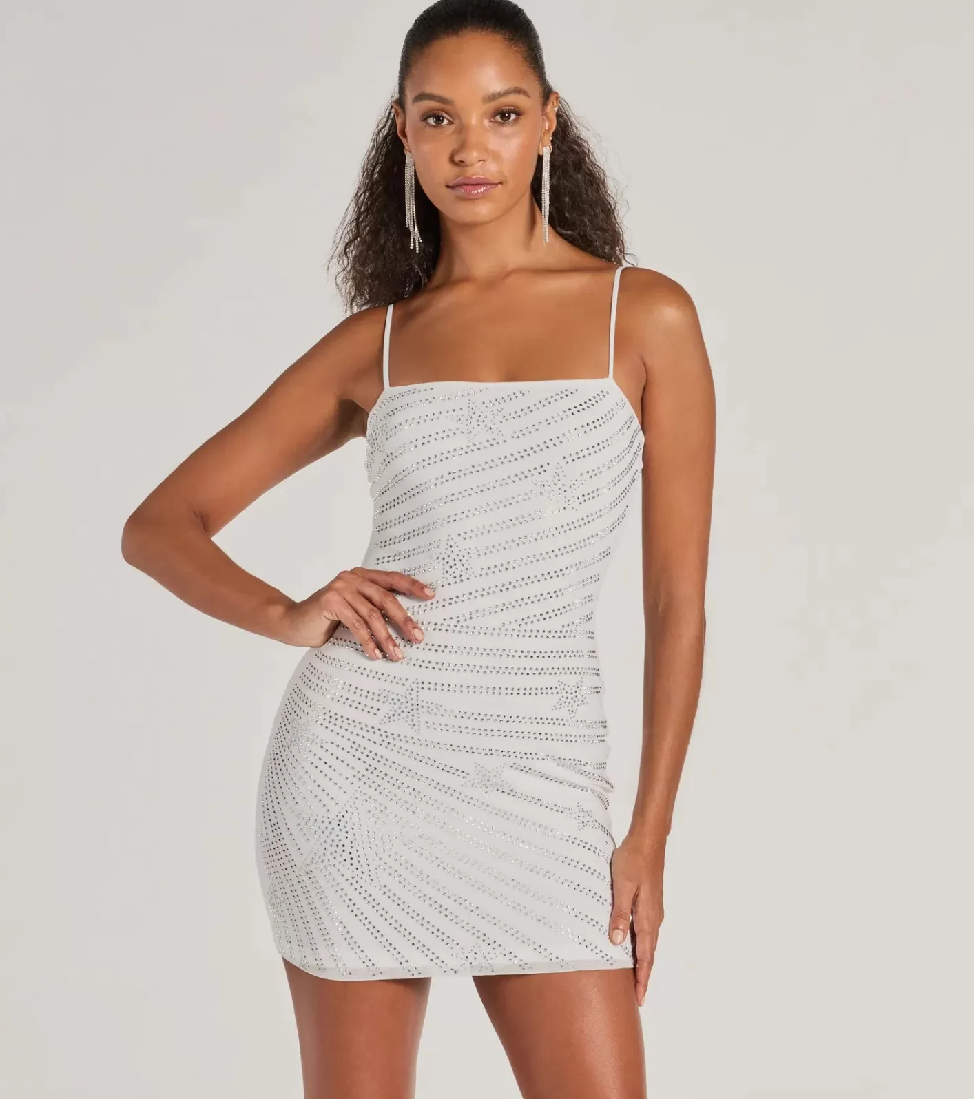 Windsor Star Tonight Rhinestone Mesh Mini Dress WHITE Discount