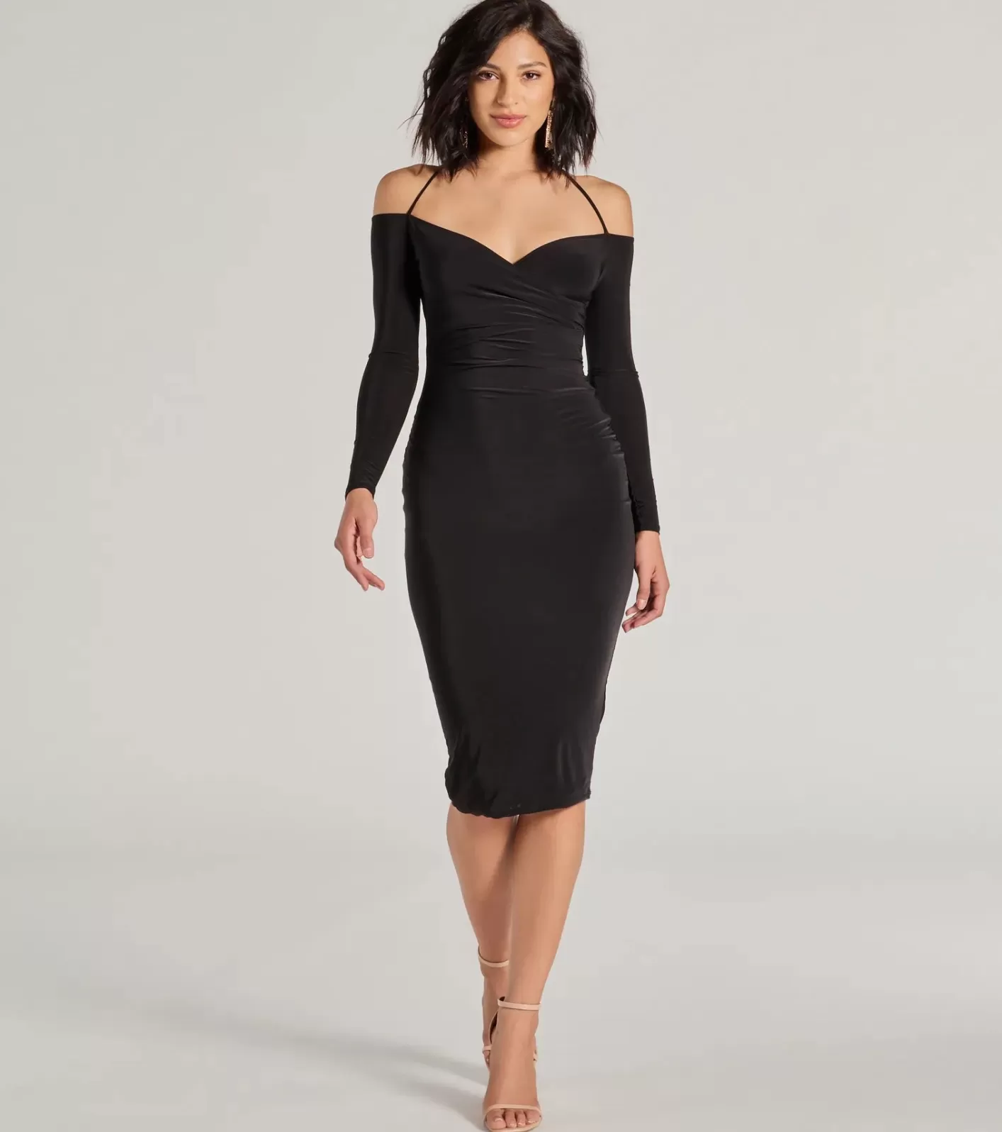 Windsor Strike A Pose Long Sleeve Halter Midi Dress BLACK Cheap
