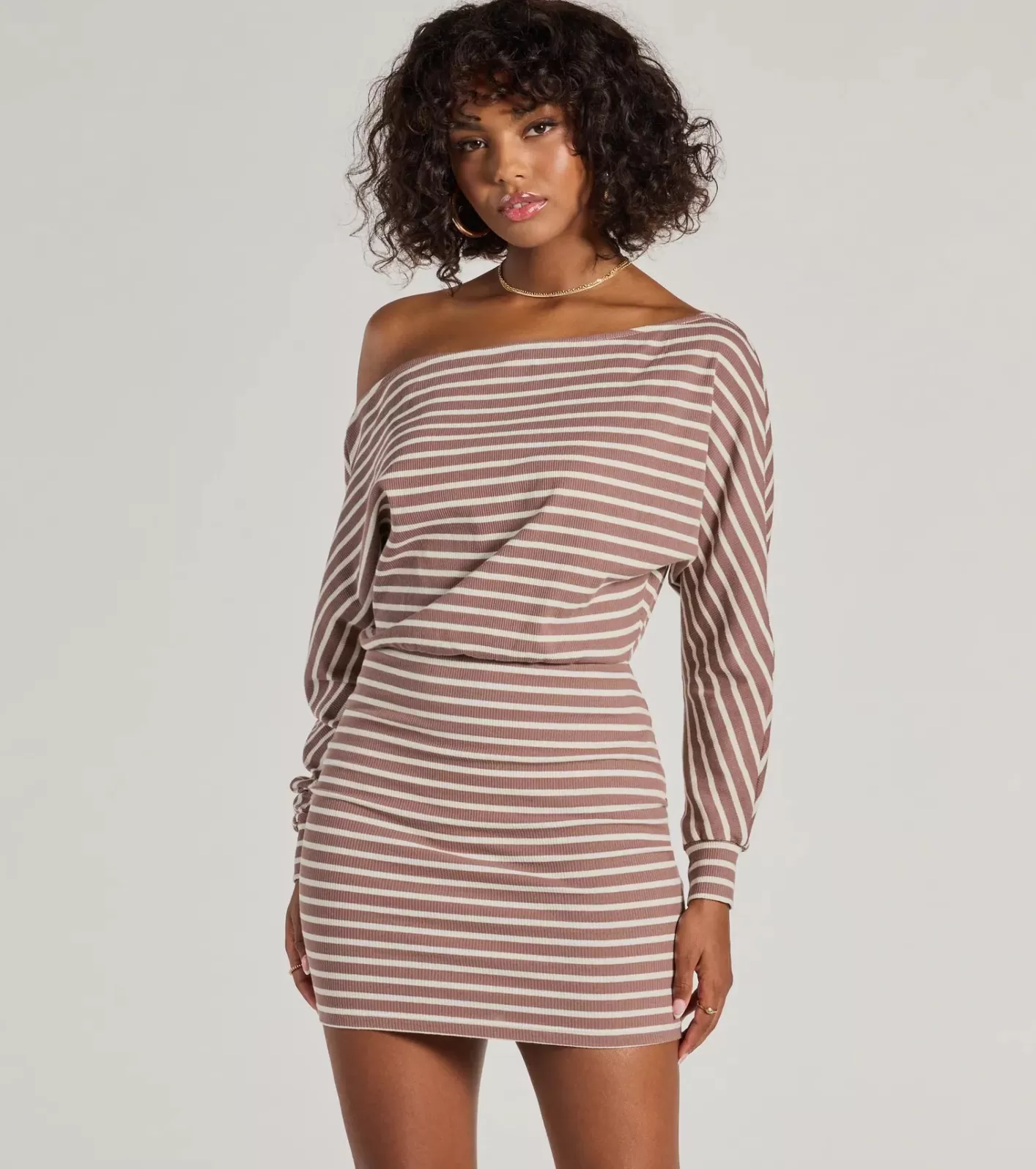 Windsor Stripes In Style Off The Shoulder Mini Dress TAUPE Flash Sale
