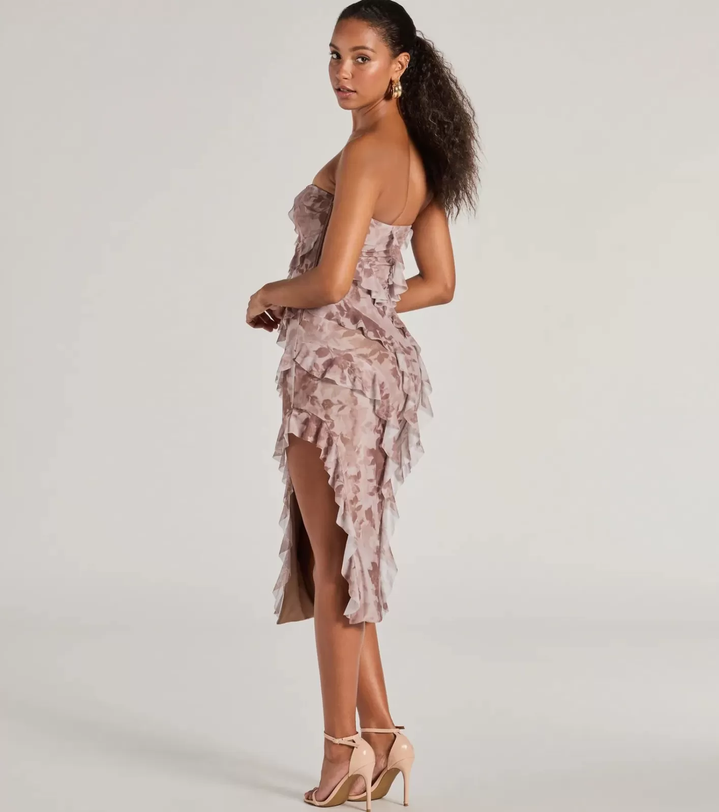 Windsor Stunning Impression Floral Ruffled Midi Dress TAUPE Sale