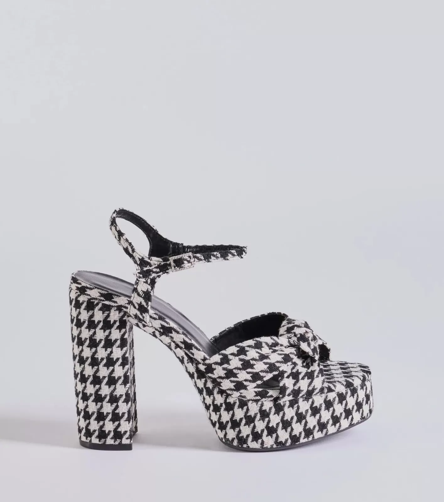 Windsor Style Icon Houndstooth Platform Knot Block Heels BLK/WHT Hot