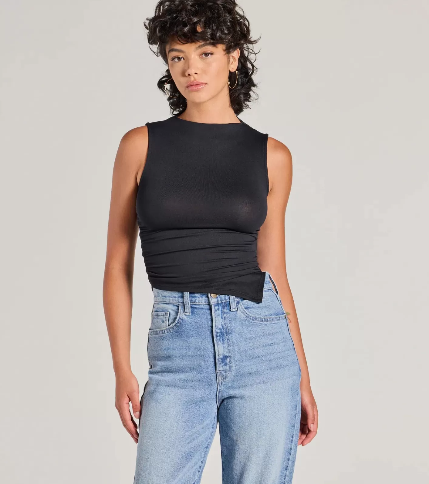 Windsor Stylish Basic Sleeveless Mock Neck Crop Top BLACK Hot
