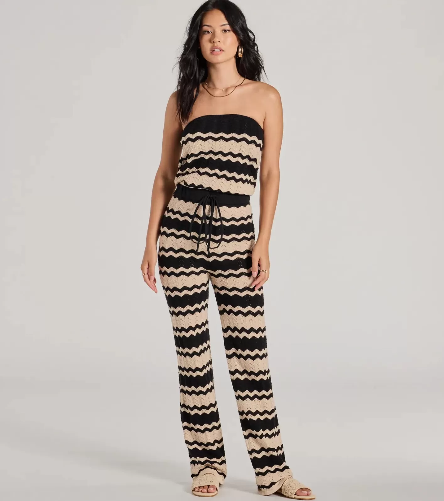 Windsor Stylish In Stripes Strapless Wide Leg Knit Jumpsuit BLACK Hot