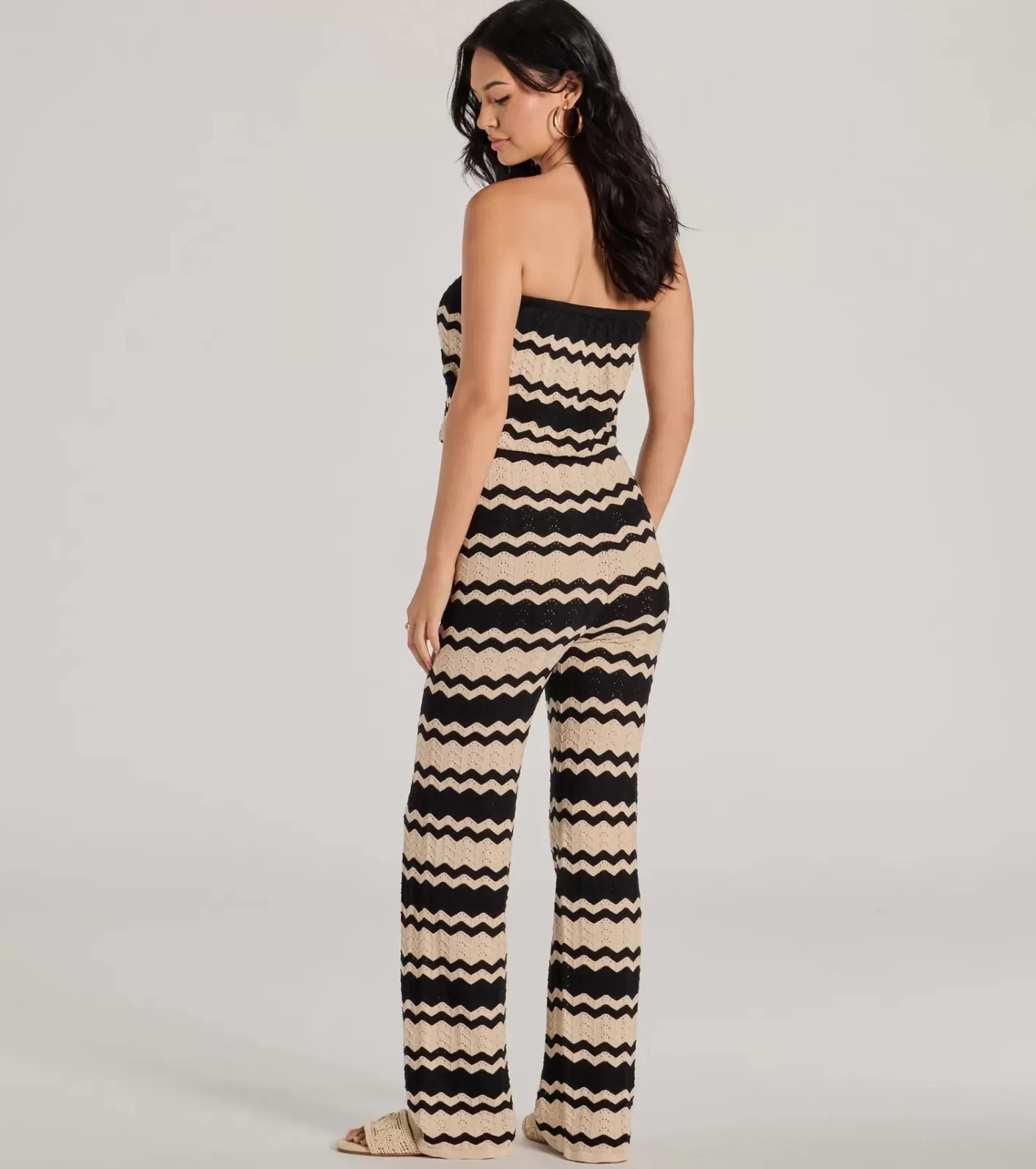 Windsor Stylish In Stripes Strapless Wide Leg Knit Jumpsuit BLACK Hot