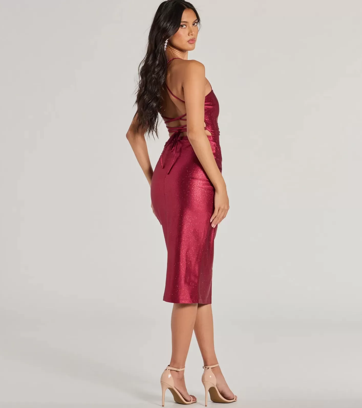 Windsor Stylish Shine Glitter Satin Lace-Up Midi Dress BURGUNDY New