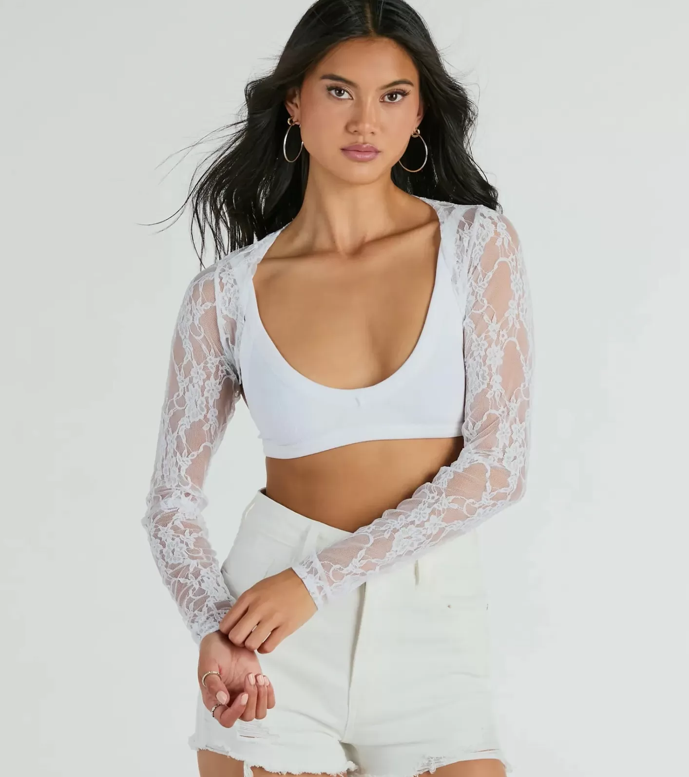 Windsor Stylishly Sheer Floral Lace Long Sleeve Bolero WHITE New