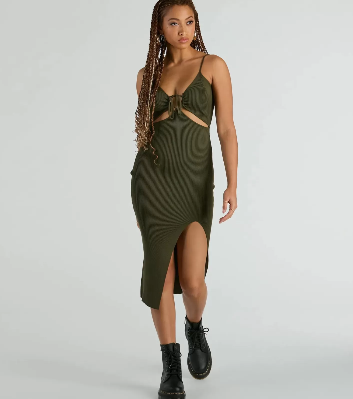 Windsor Such A Serve Cutout Strappy Ribbed Knit Midi Dress OLIVE Cheap