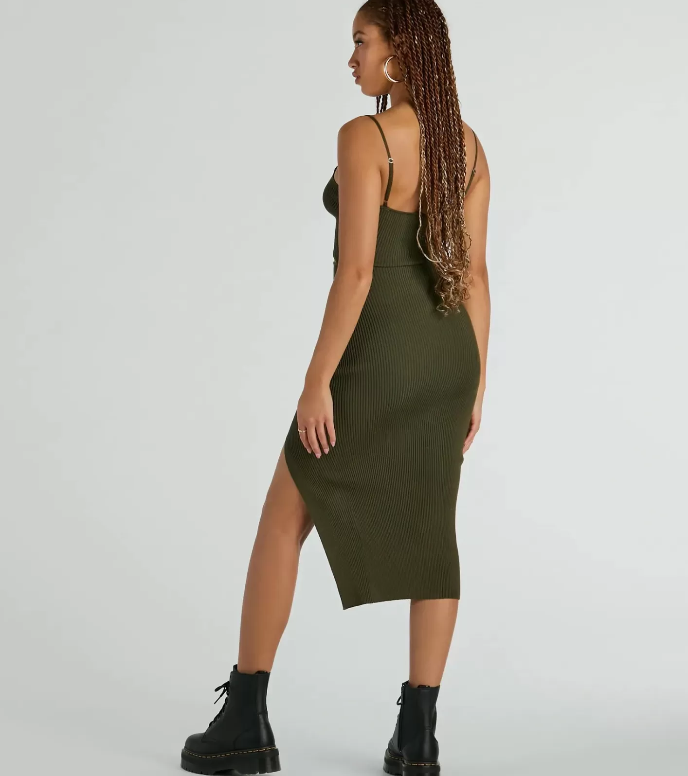 Windsor Such A Serve Cutout Strappy Ribbed Knit Midi Dress OLIVE Cheap